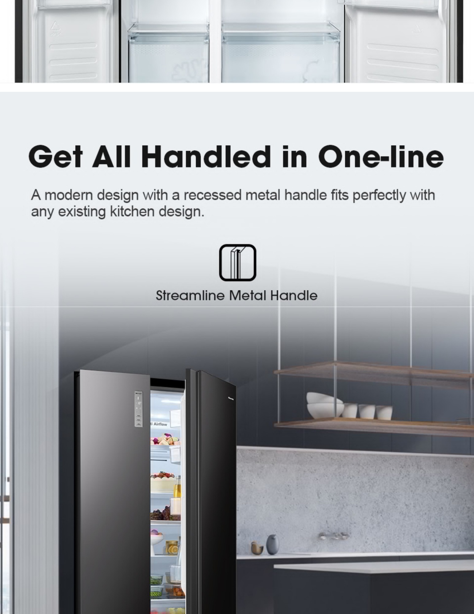 Hisense side by side fridge recessed metal handle design