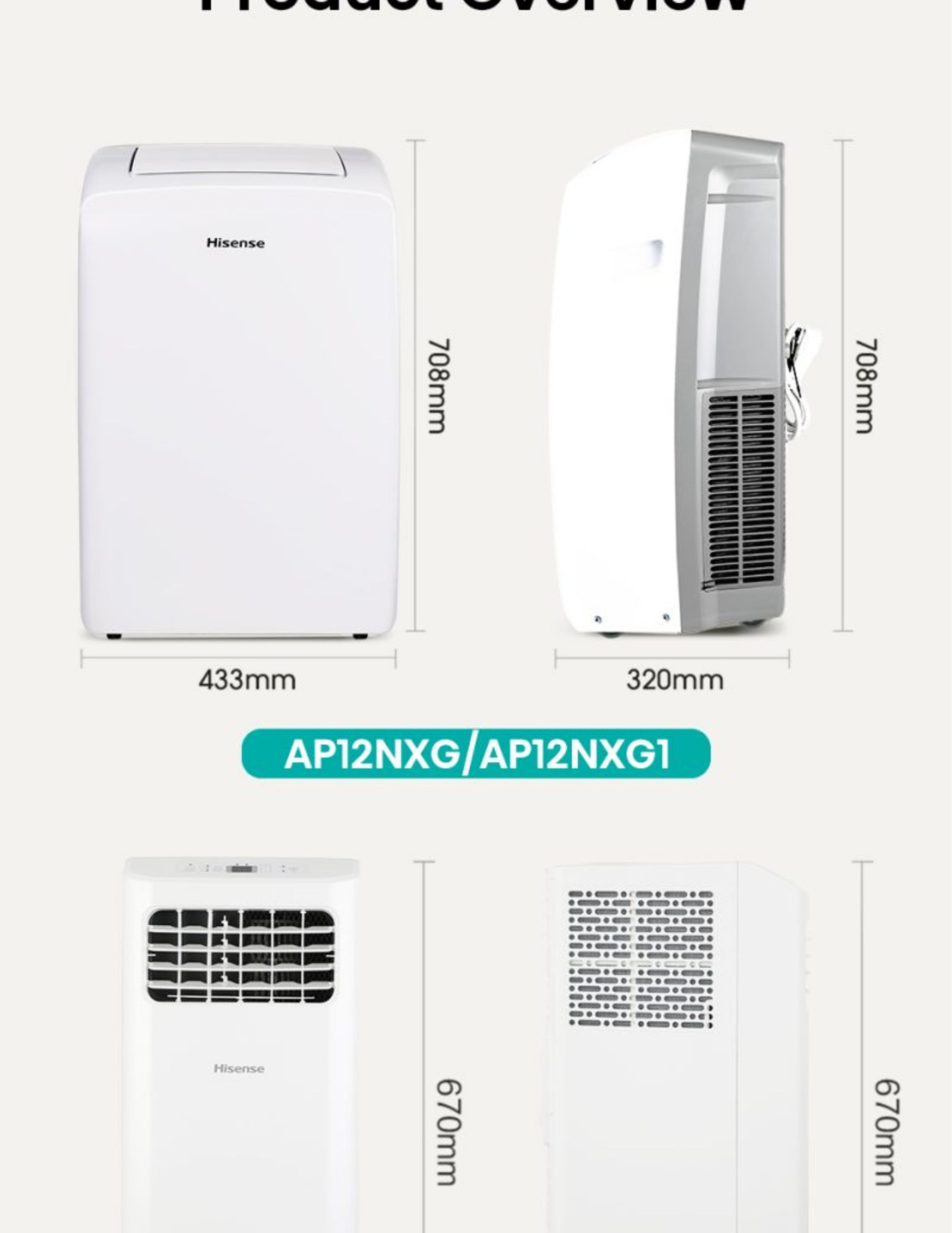 Hisense portable AC product dimensions and size guide