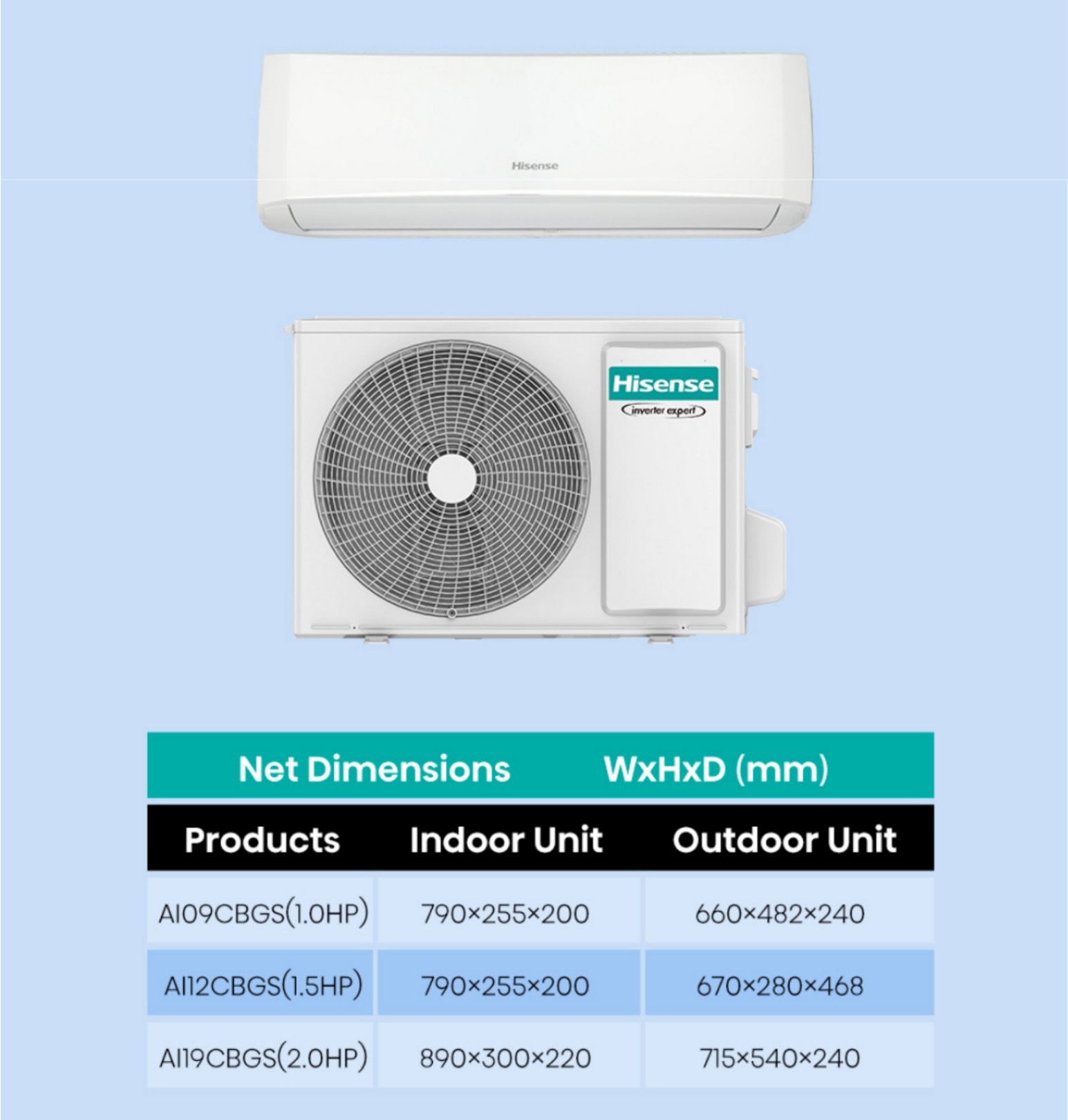 Hisense inverter AC indoor and outdoor unit dimensions chart