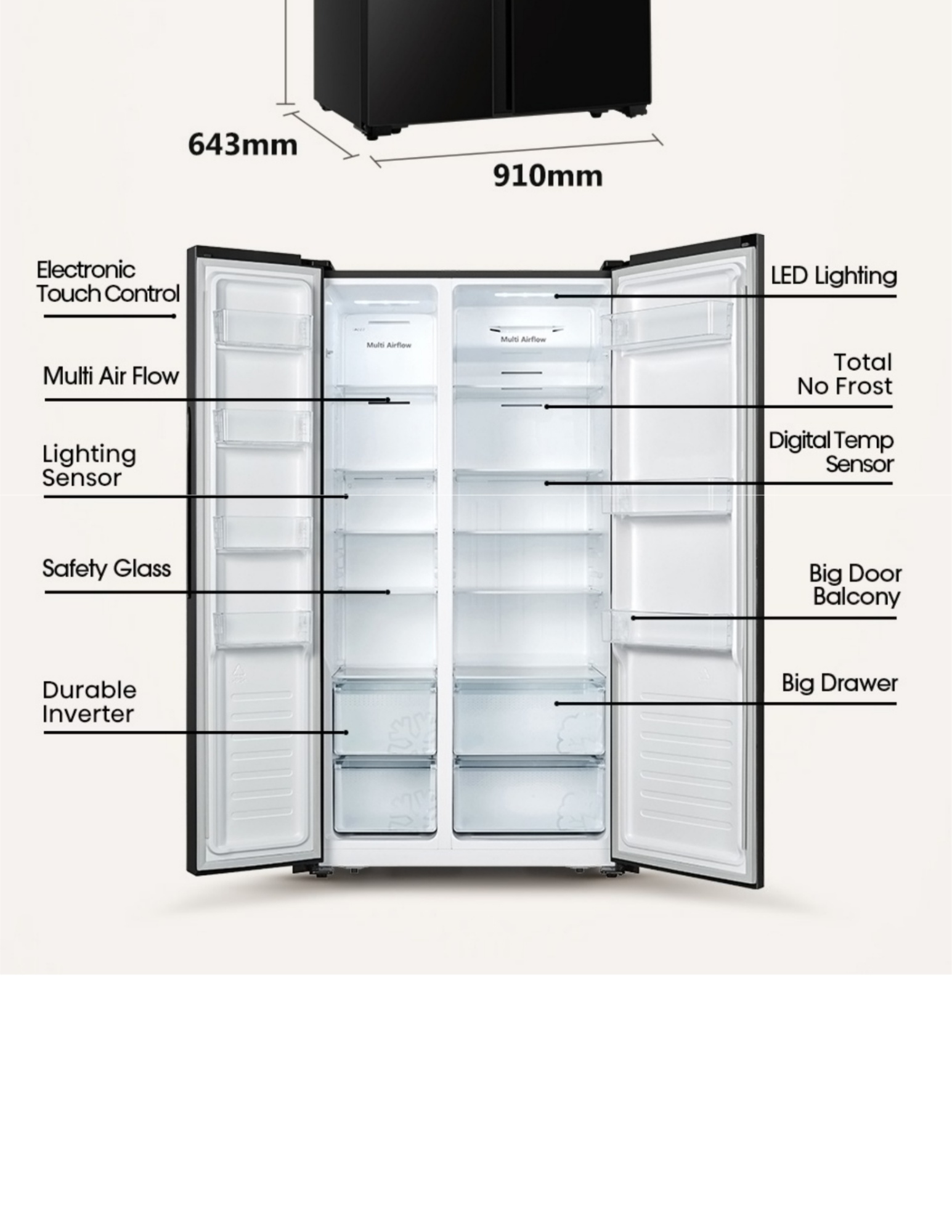 Hisense side by side fridge product dimensions overview