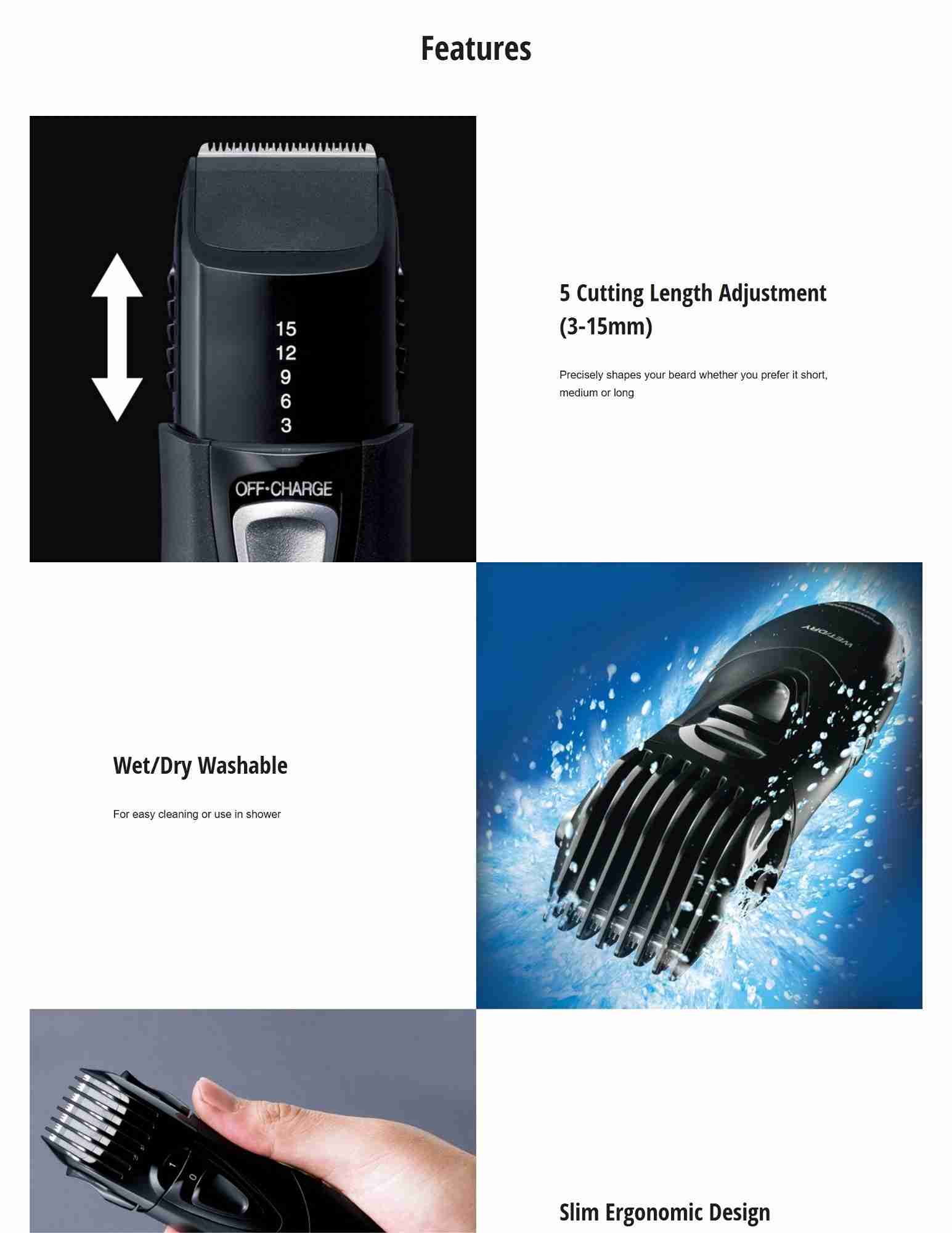 5 settings (3-15mm) for custom beard styles.