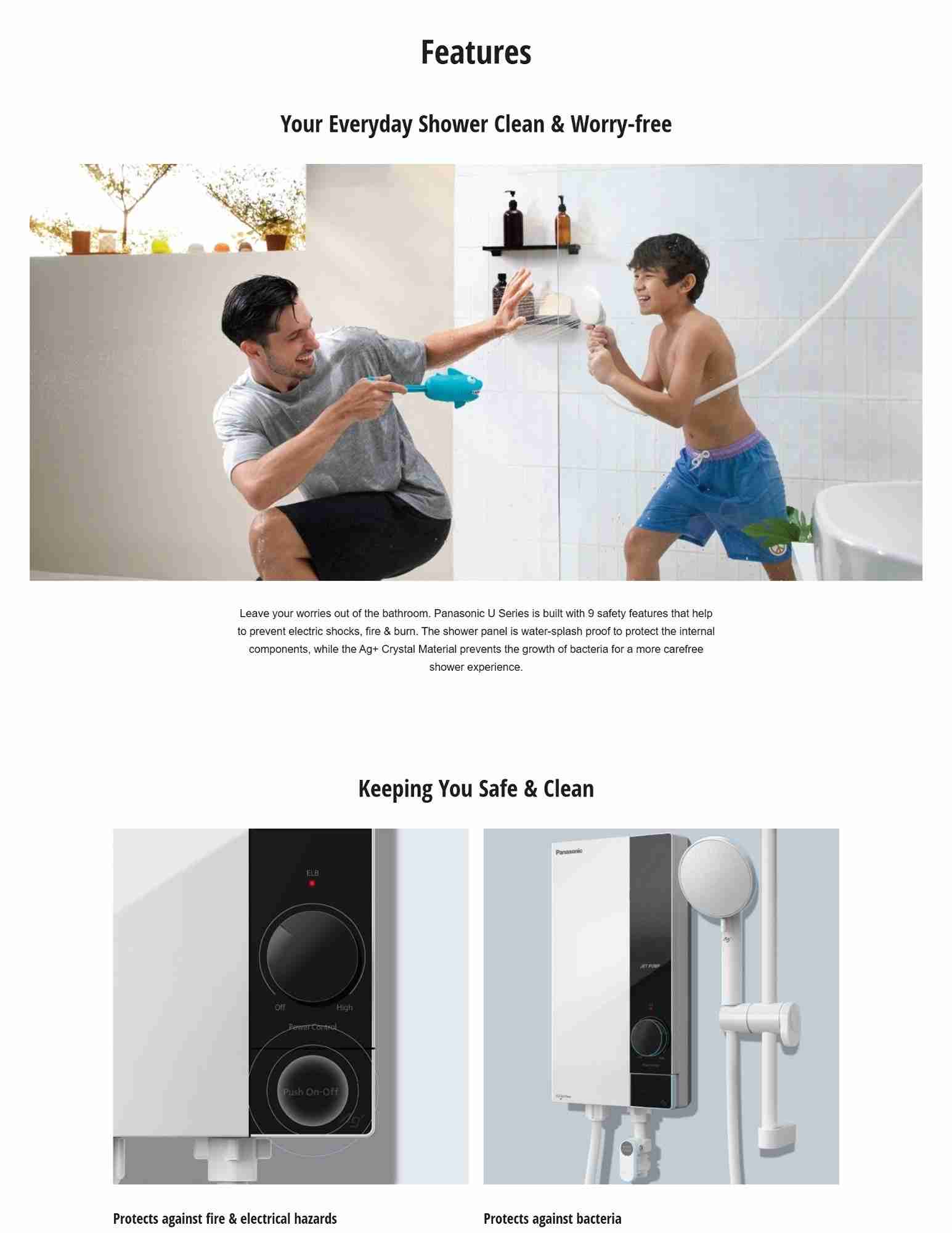 Hand touching shower with fire and electrical hazard protection.