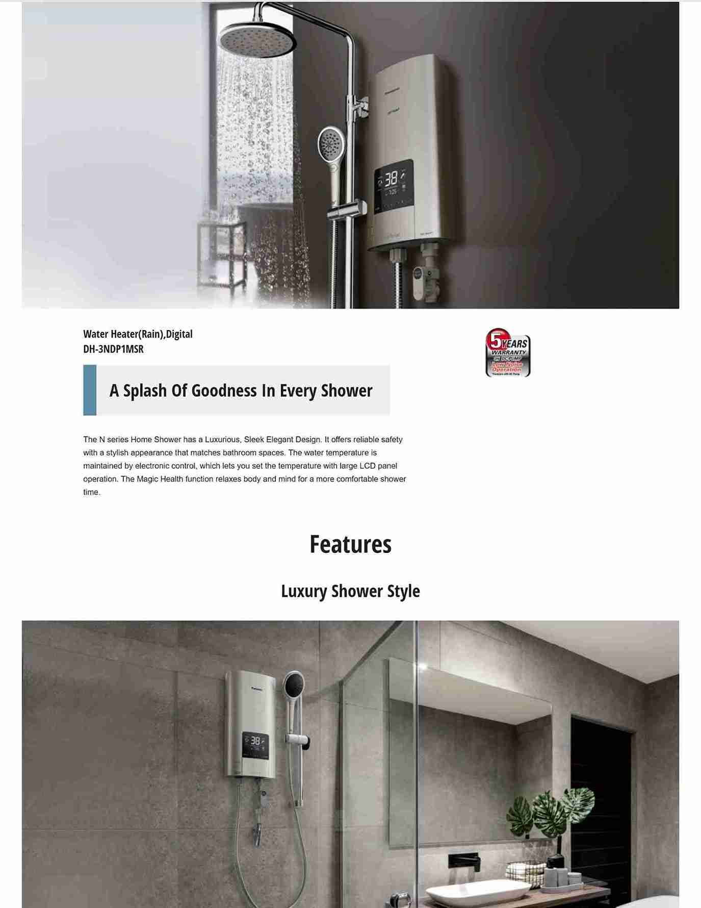 Panasonic digital rain shower heater for modern bathrooms