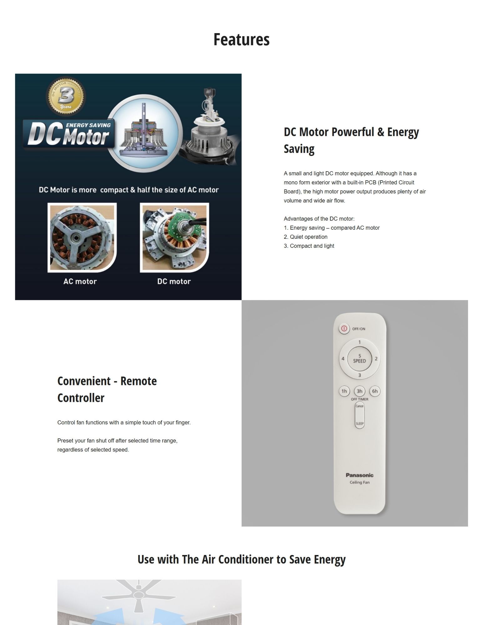 DC motor ceiling fan with remote for energy saving use