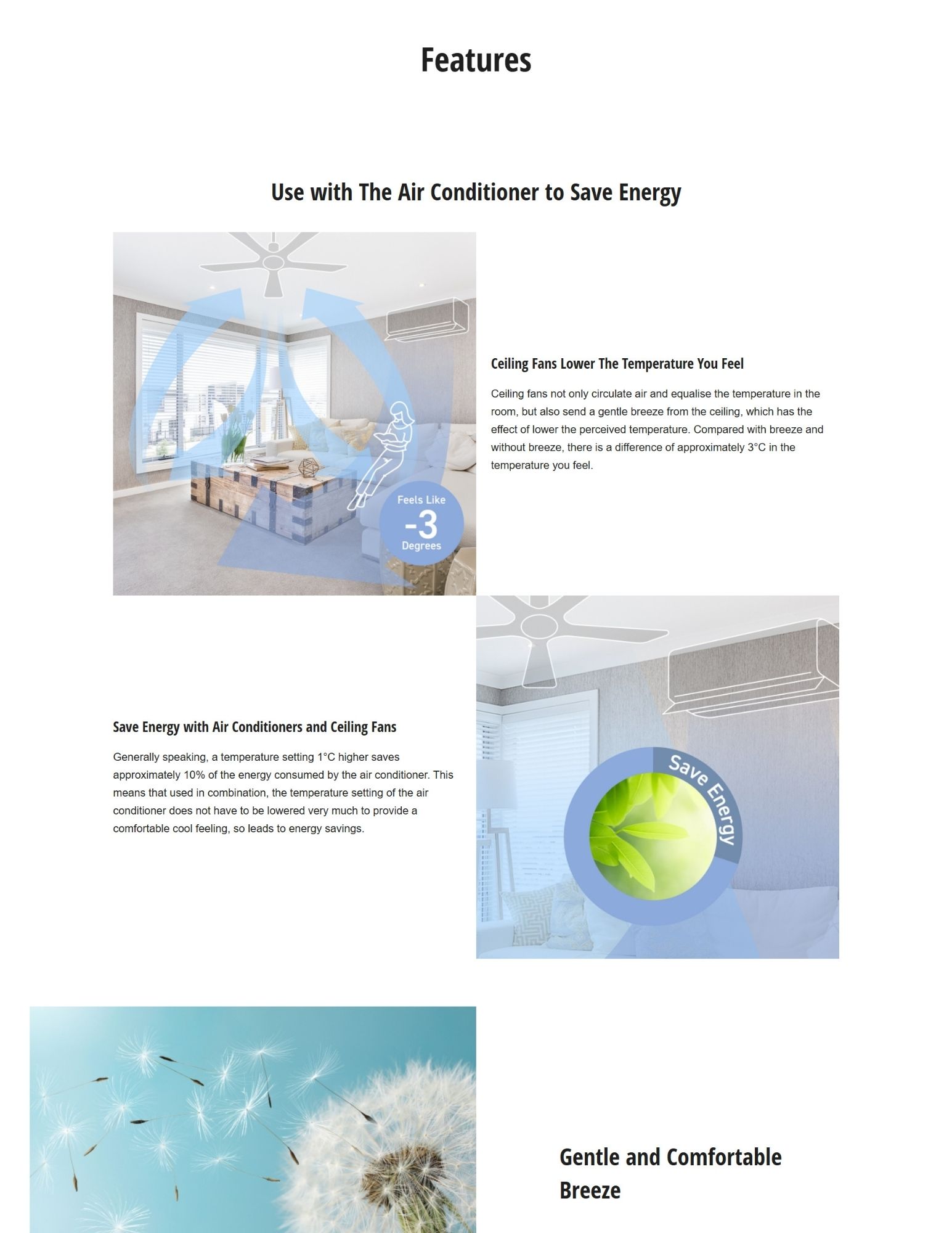 Ceiling fan works with air conditioner to save energy