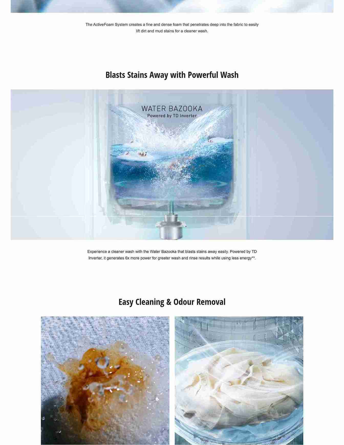 Active Foam lifts stains with fine foam.