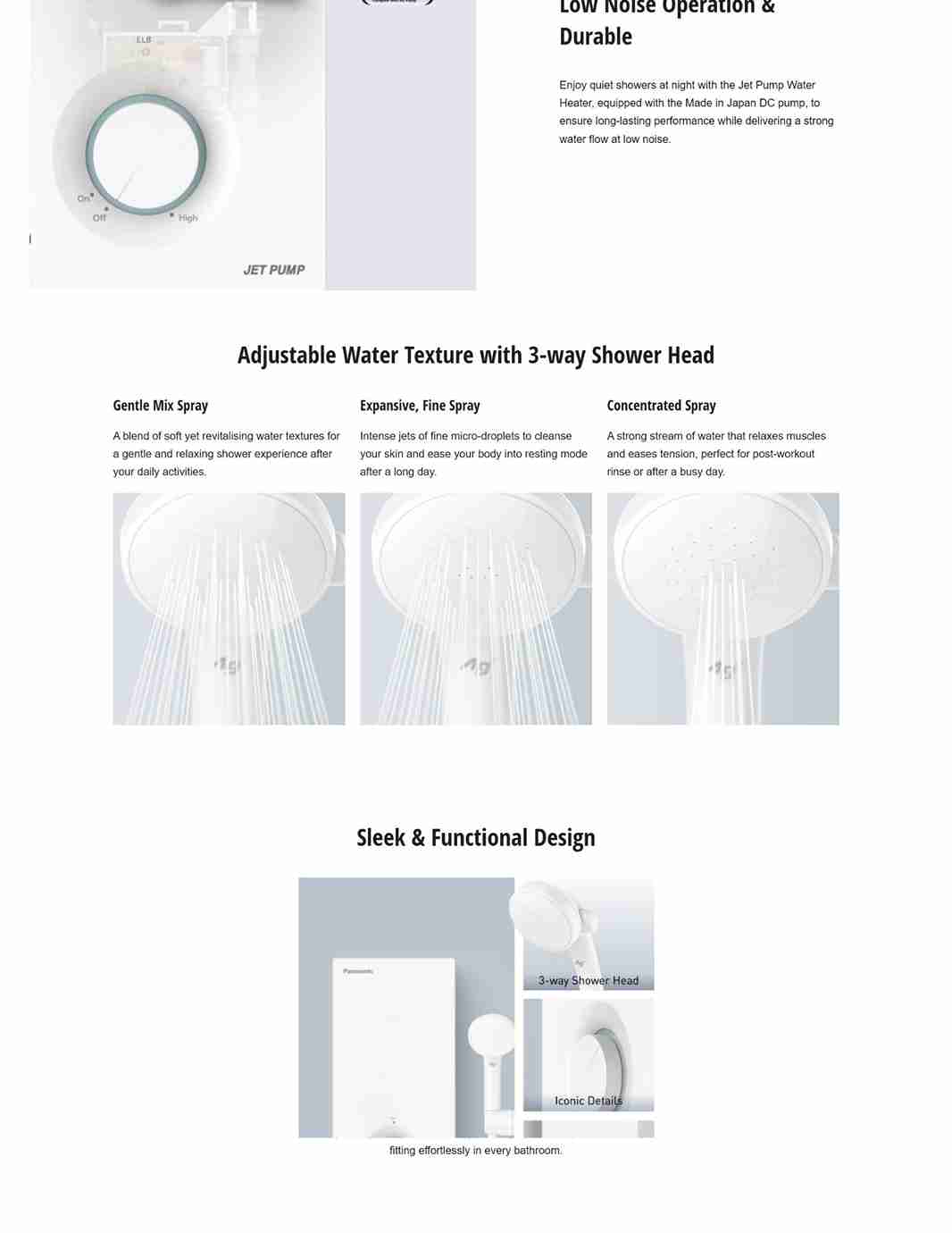 3 water textures and sleek shower design.