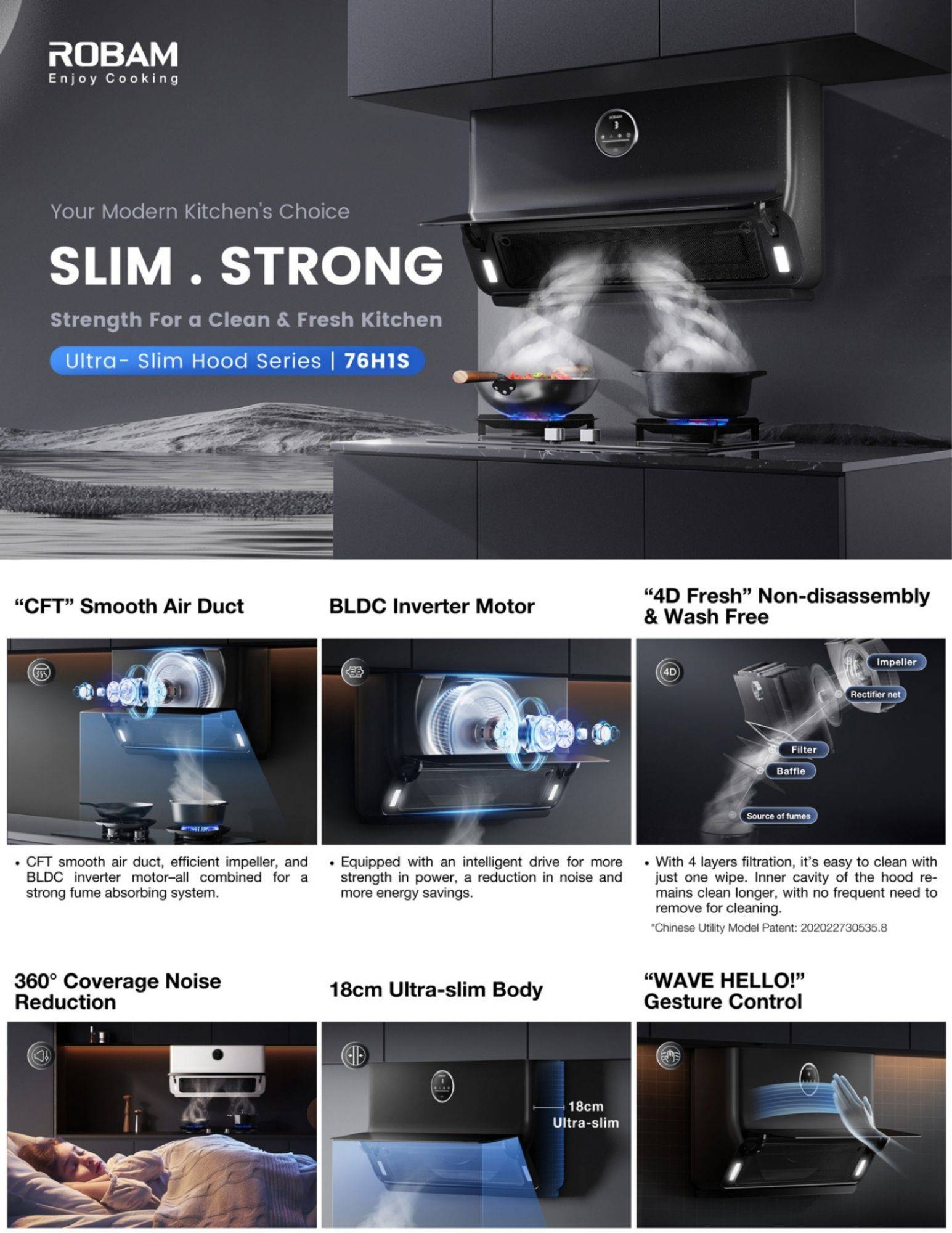 ROBAM ultra-slim range hood removing smoke while cooking