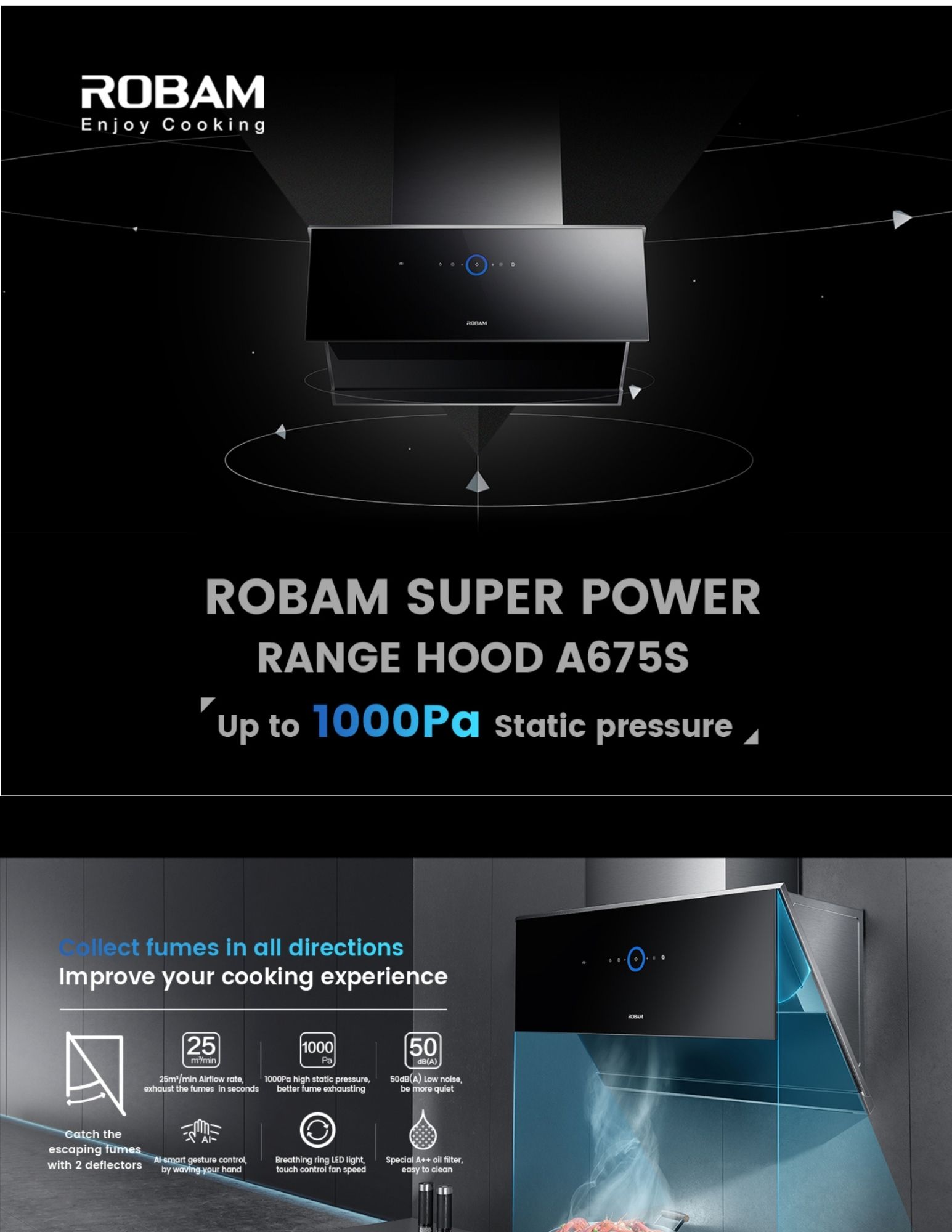 ROBAM A675S range hood with 1000Pa super power suction