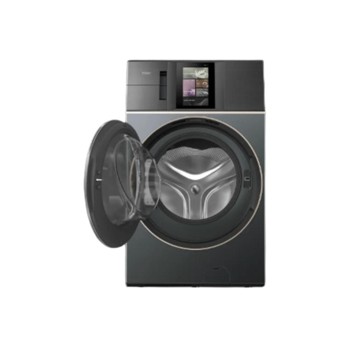 Front load washer dryer with open door and spacious drum