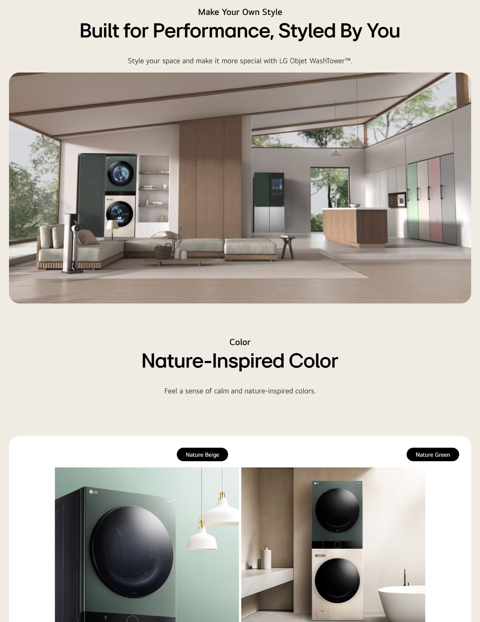 A stylish and modern living space featuring the LG Objet WashTower in nature-inspired colors, showcasing Nature Beige and Nature Green options. The design integrates seamlessly into the home, offering both performance and aesthetic appeal.
