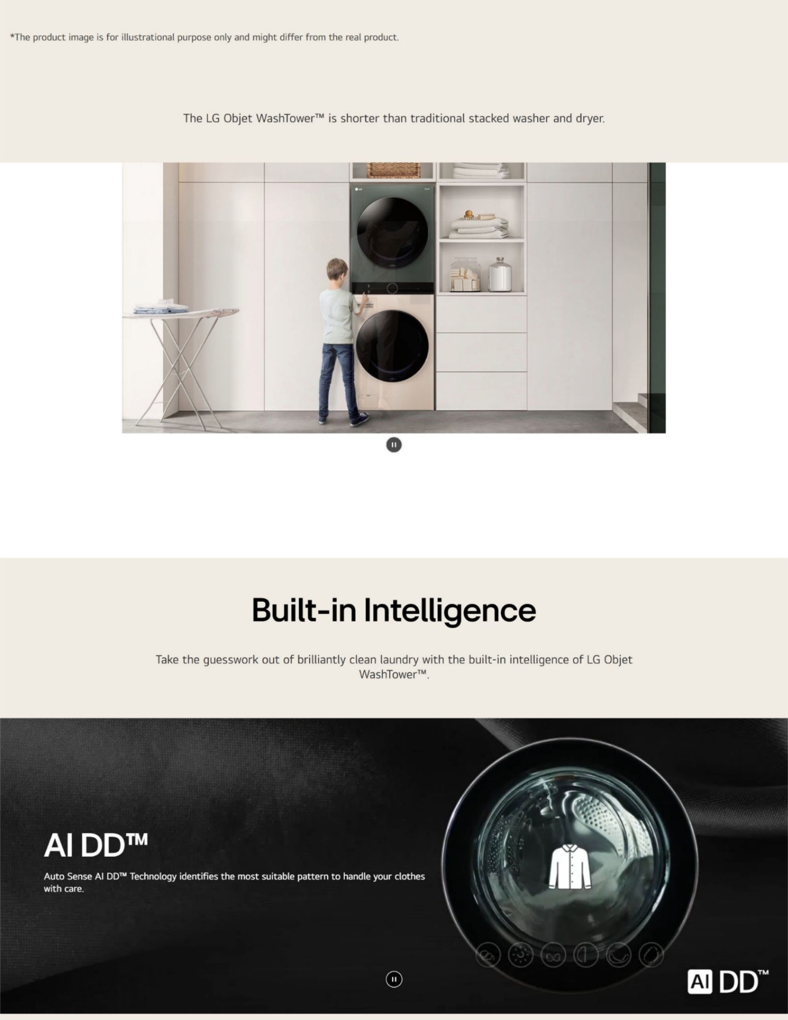 A child interacting with the LG Objet WashTower, showcasing its compact design that is shorter than traditional stacked washer and dryer units, with built-in AI technology for optimized washing.