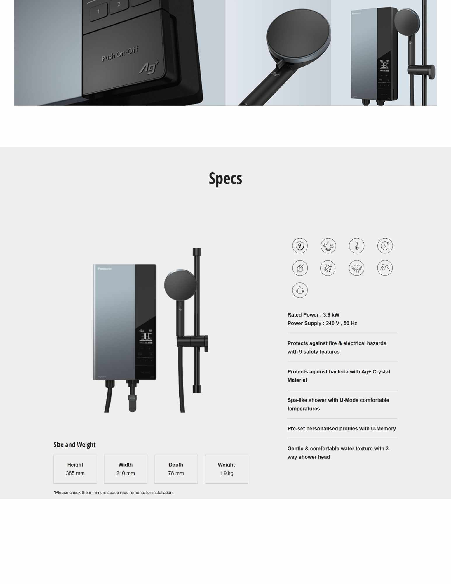 Shower specs showing power, dimensions, and features.