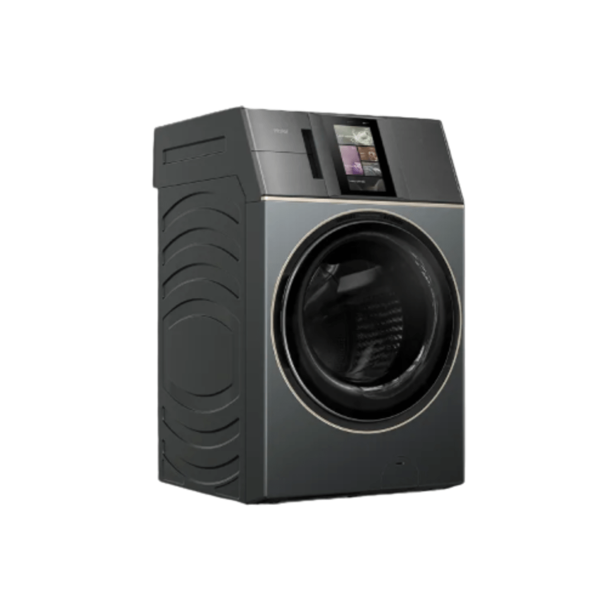 Premium washer dryer side view with large drum and digital display