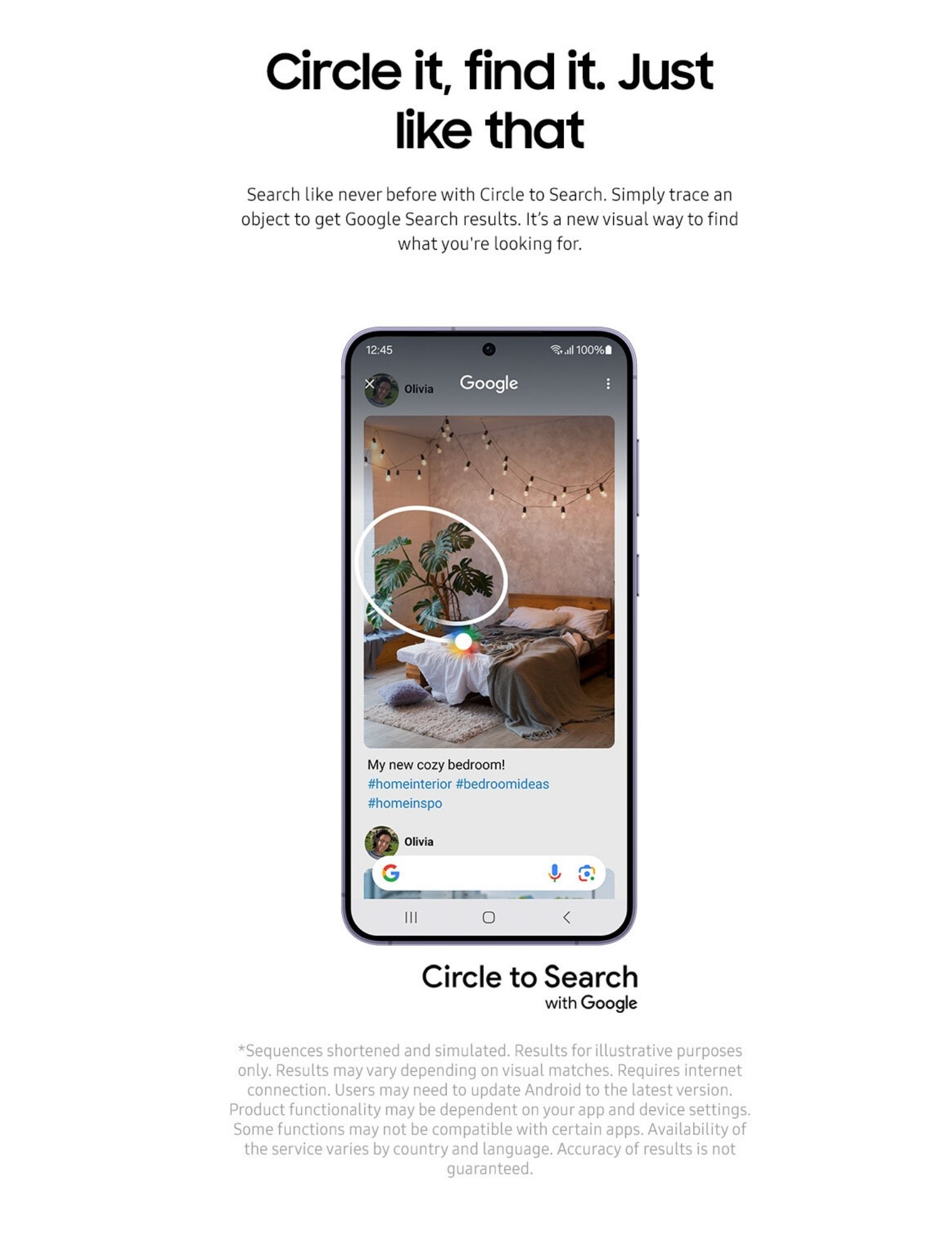 A smartphone screen showcasing the 'Circle to Search' feature with Google. The user circles an object in the photo of a cozy bedroom to instantly get Google Search results related to the object, illustrating a new and intuitive way to search visually.