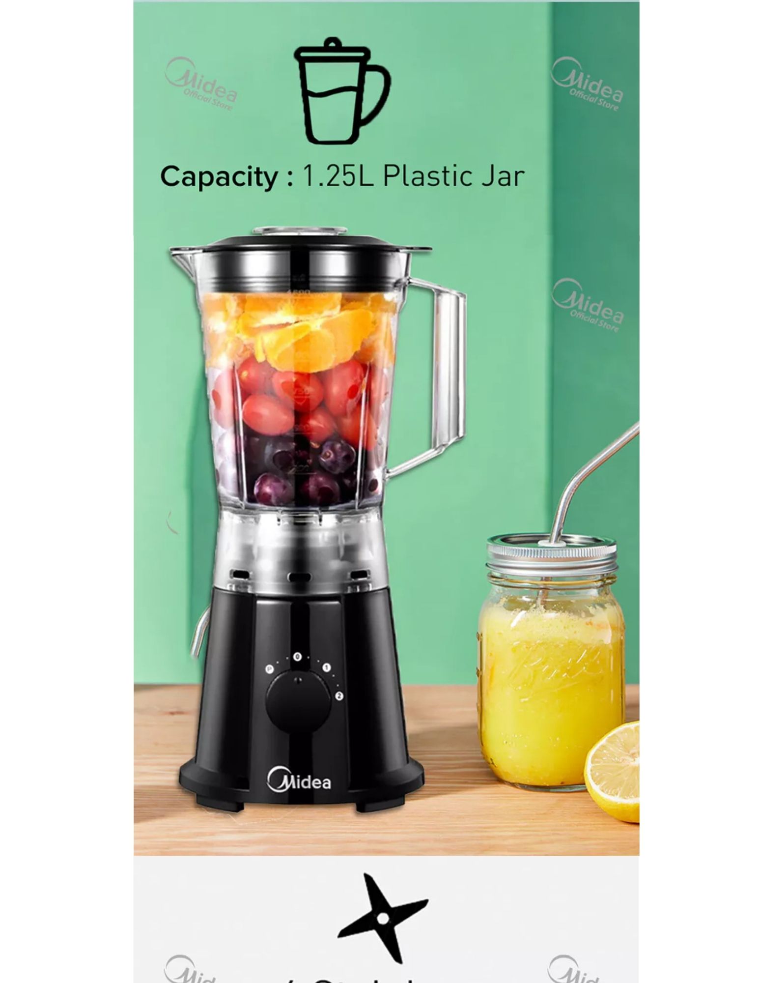 Midea blender with 1.25L jar blending fruits on green backdrop