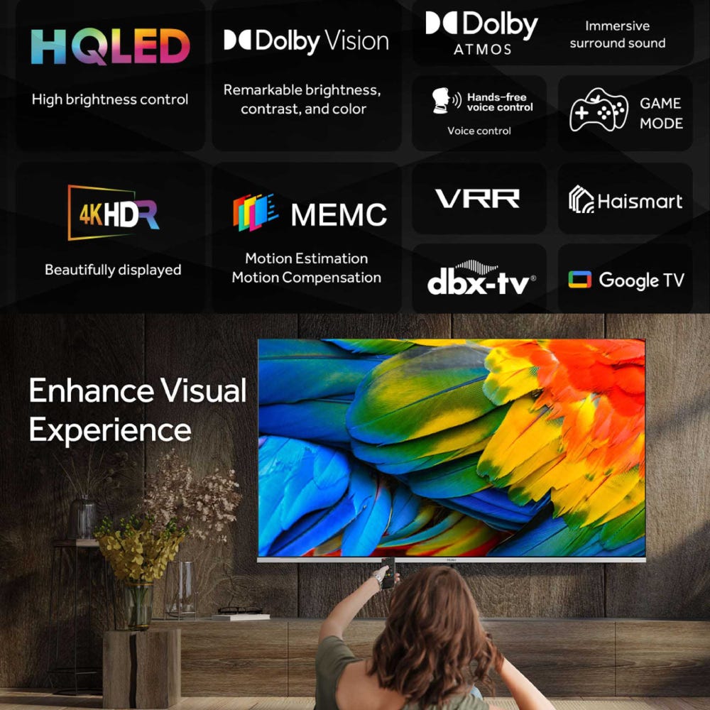 Smart TV with HDR, Dolby Atmos, and gaming features icons