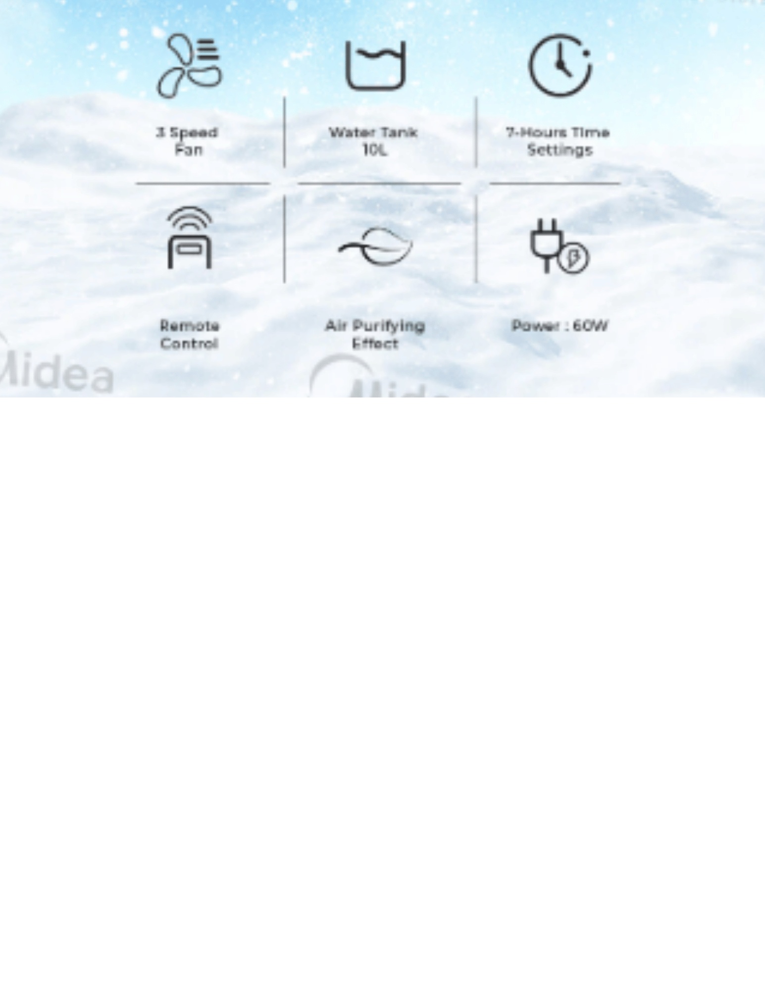 Midea air cooler with 3 speeds, 10L tank, timer & remote