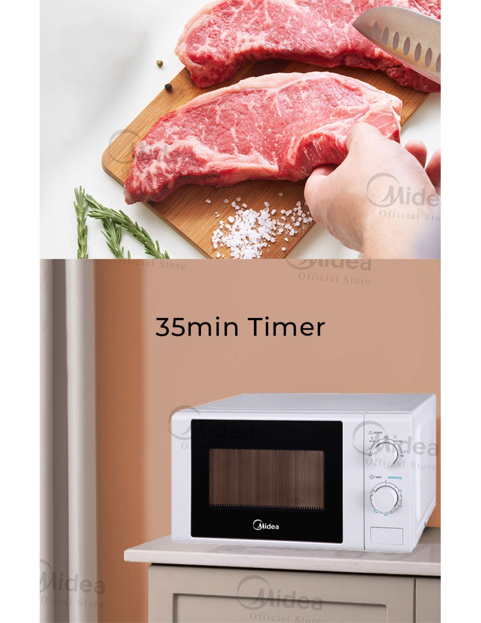 Raw beef steak being prepared on a cutting board to illustrate microwave defrost function.