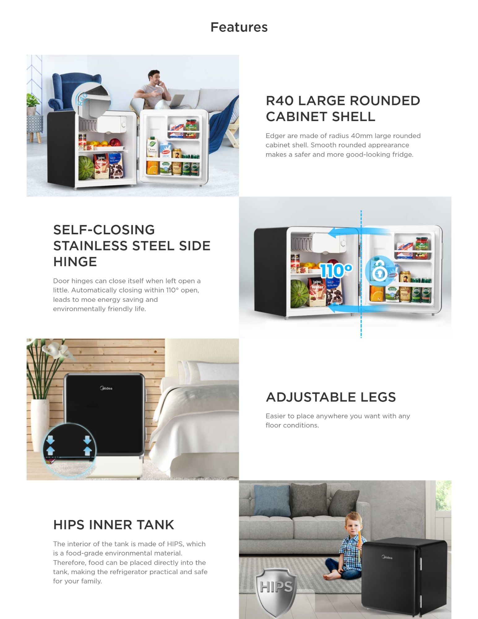 Compact fridge with rounded shell, self-closing door & safe tank