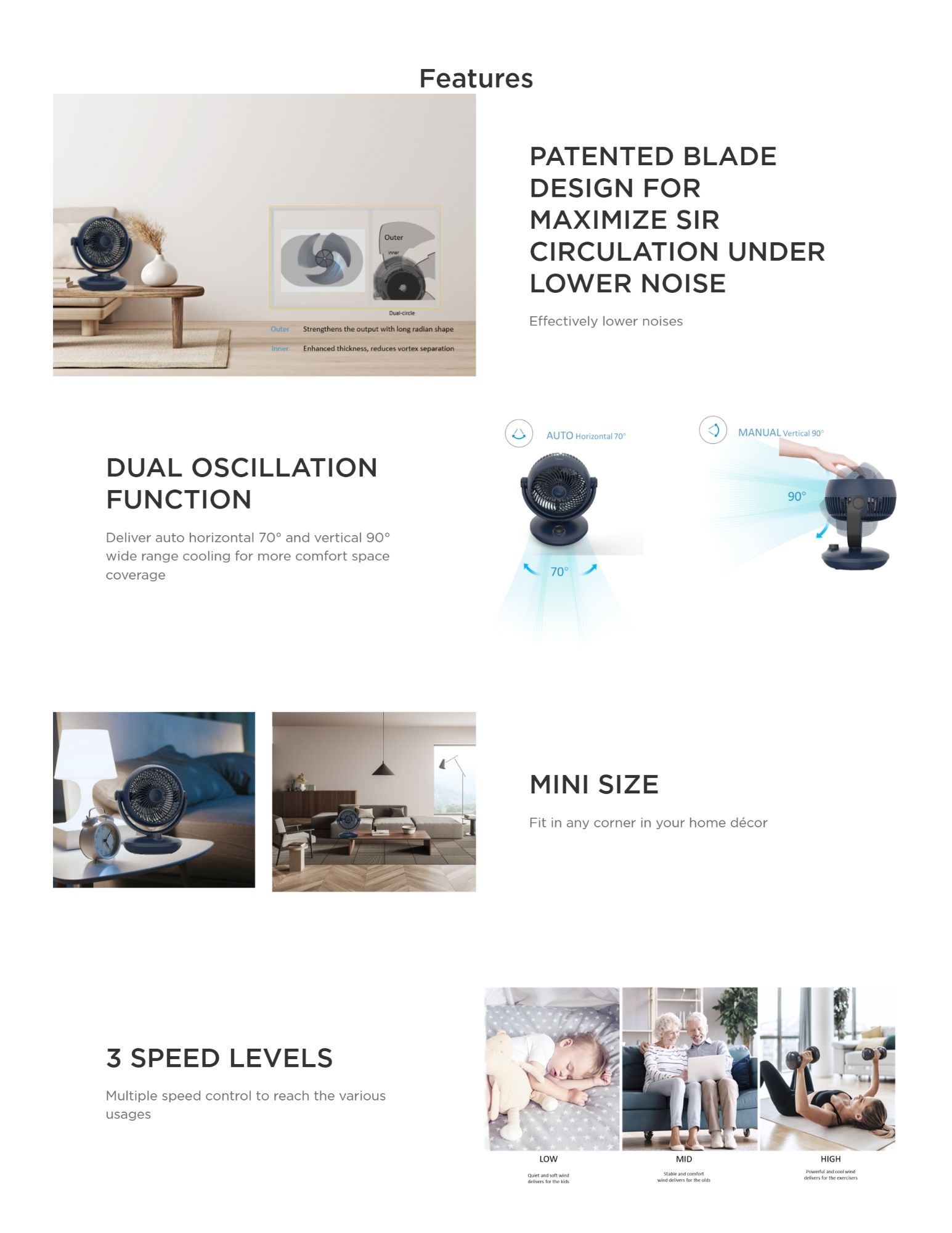 Compact mini fan with detachable shield and 3 speed levels