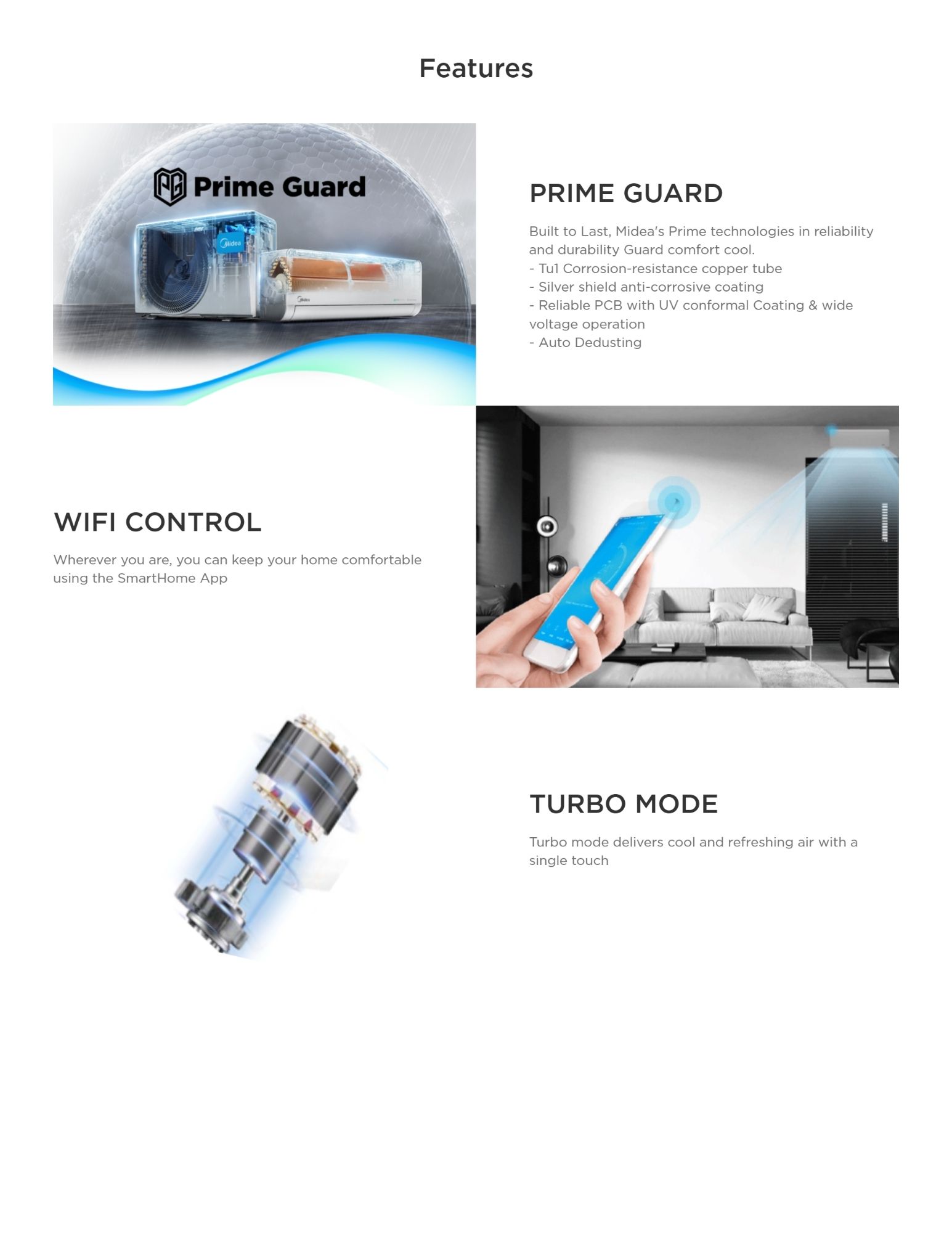 Midea Prime Air Conditioner Features: The Midea Prime Air Conditioner includes features like Prime Guard for enhanced durability with corrosion-resistant components, WiFi control for remote temperature adjustments via the SmartHome app, and Turbo Mode for rapid cooling with a single touch.
