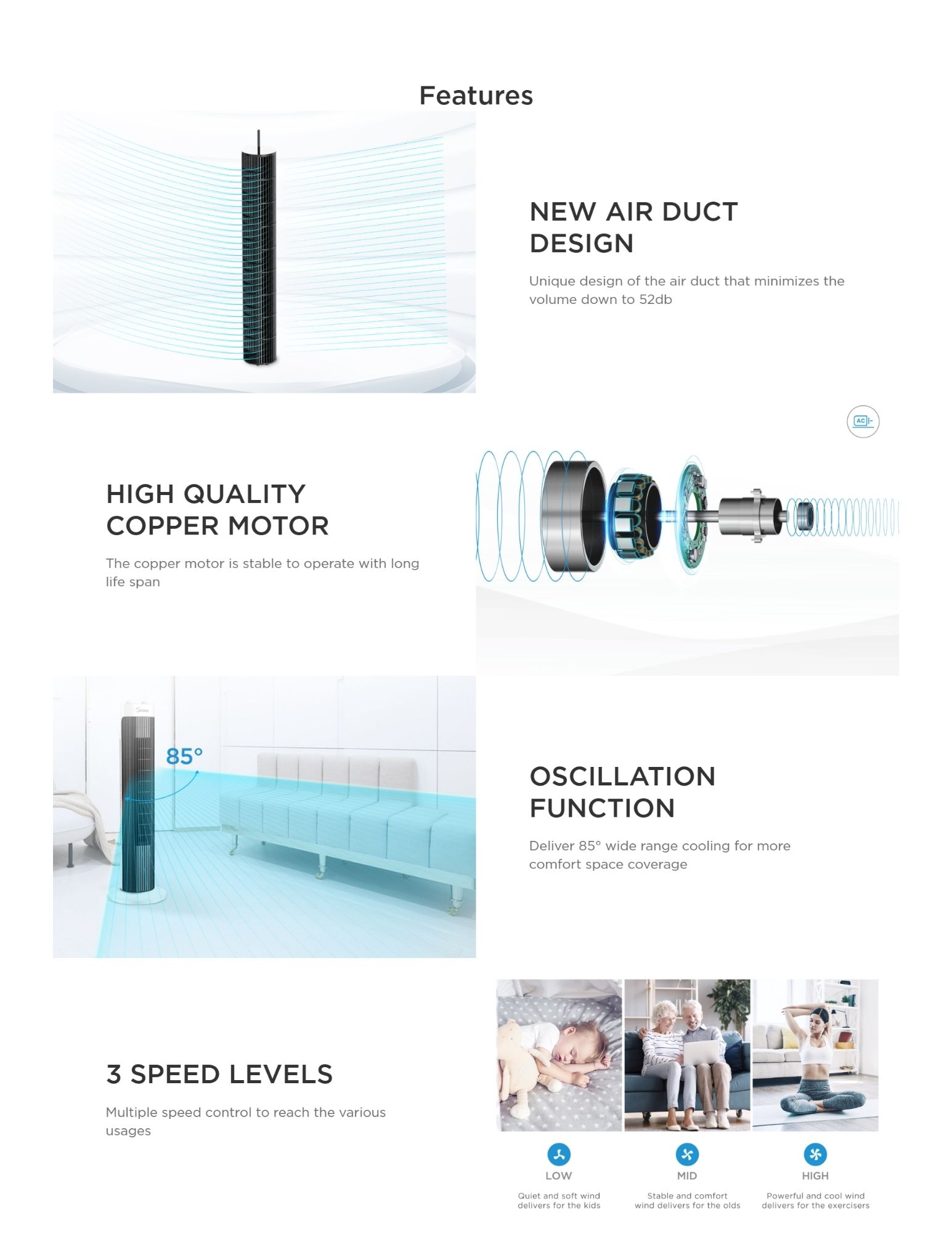 Tower fan with copper motor, 52dB quiet & 85° oscillation