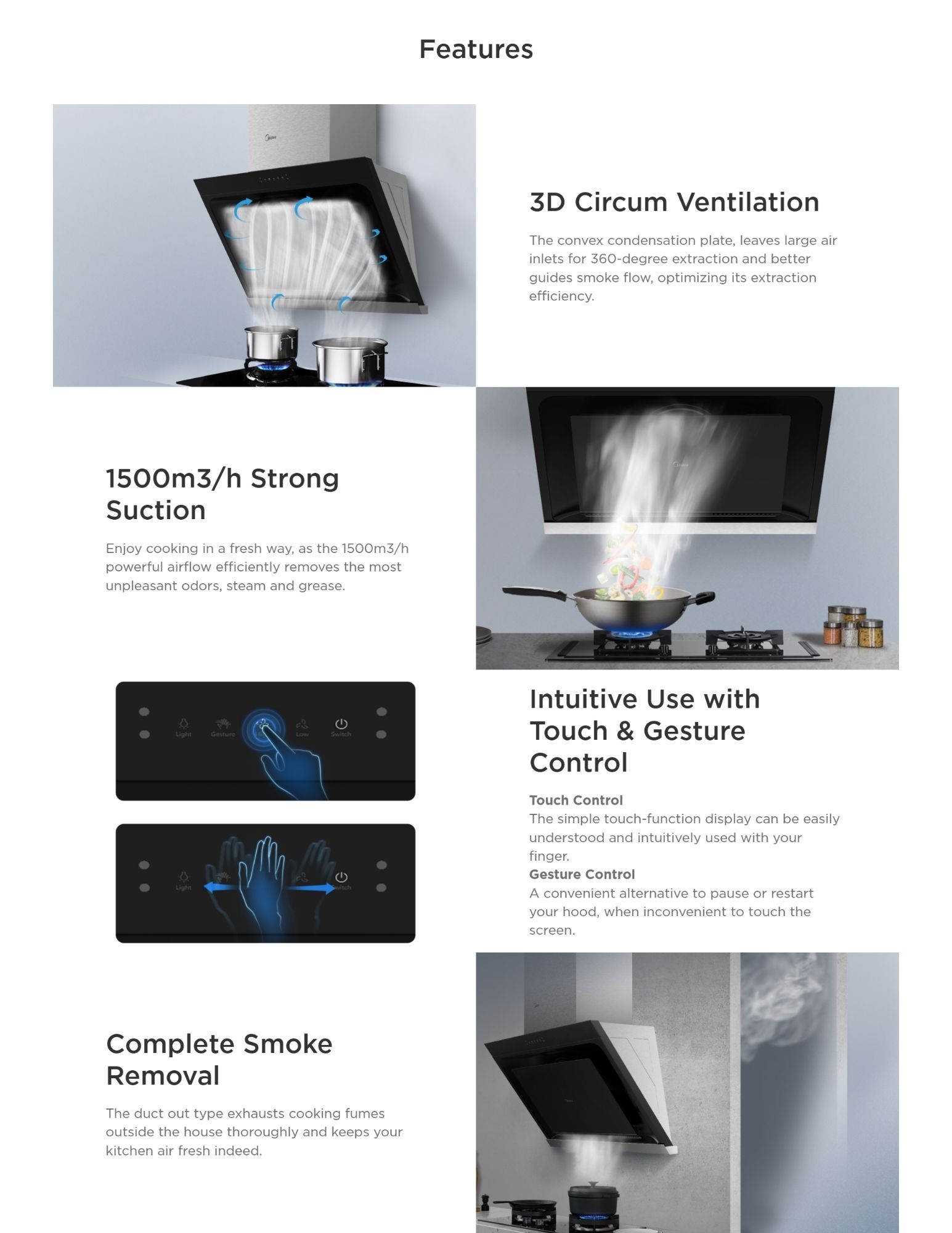 A kitchen range hood with 3D Circum Ventilation for efficient smoke extraction, featuring a touch and gesture control panel for easy operation.