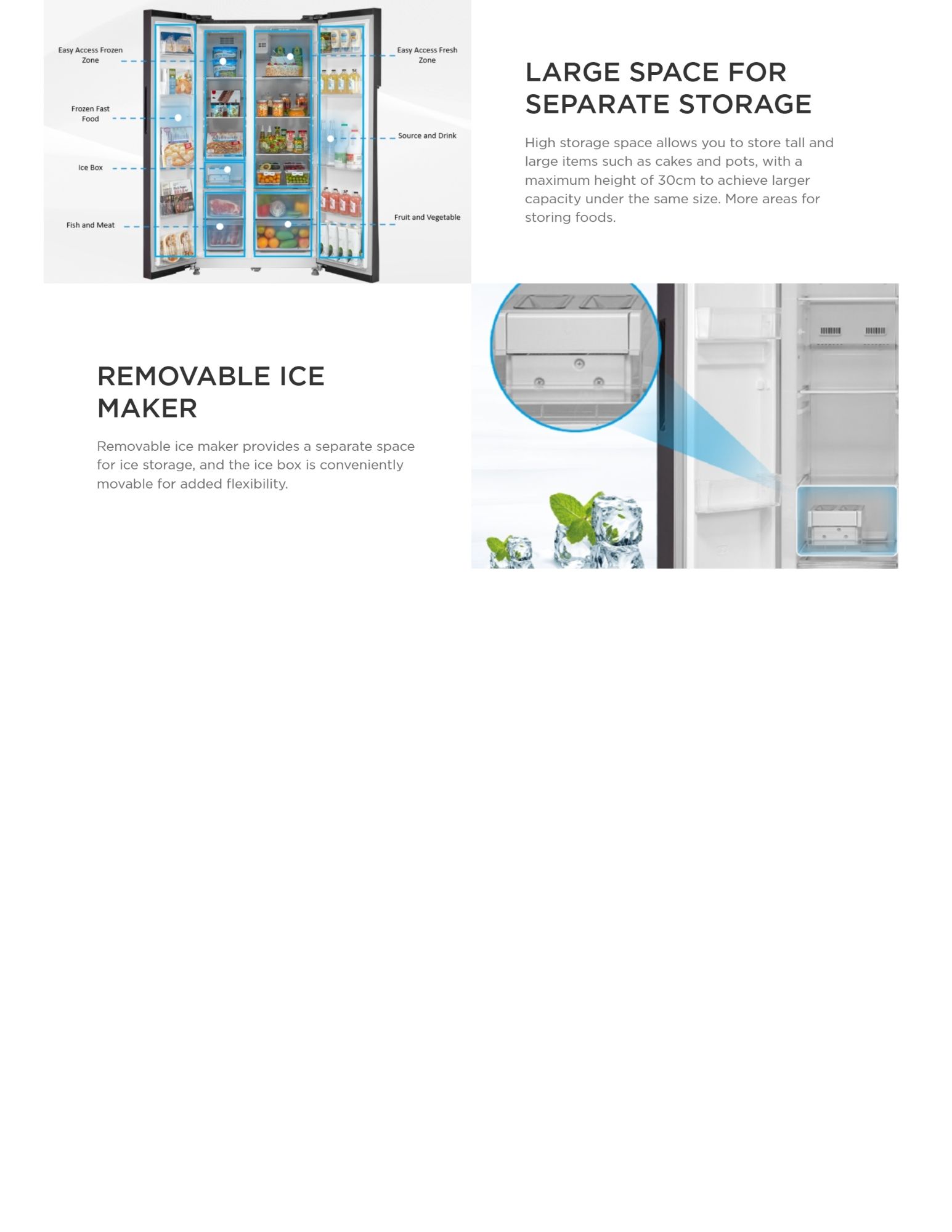 Midea fridge with large capacity storage and removable ice maker