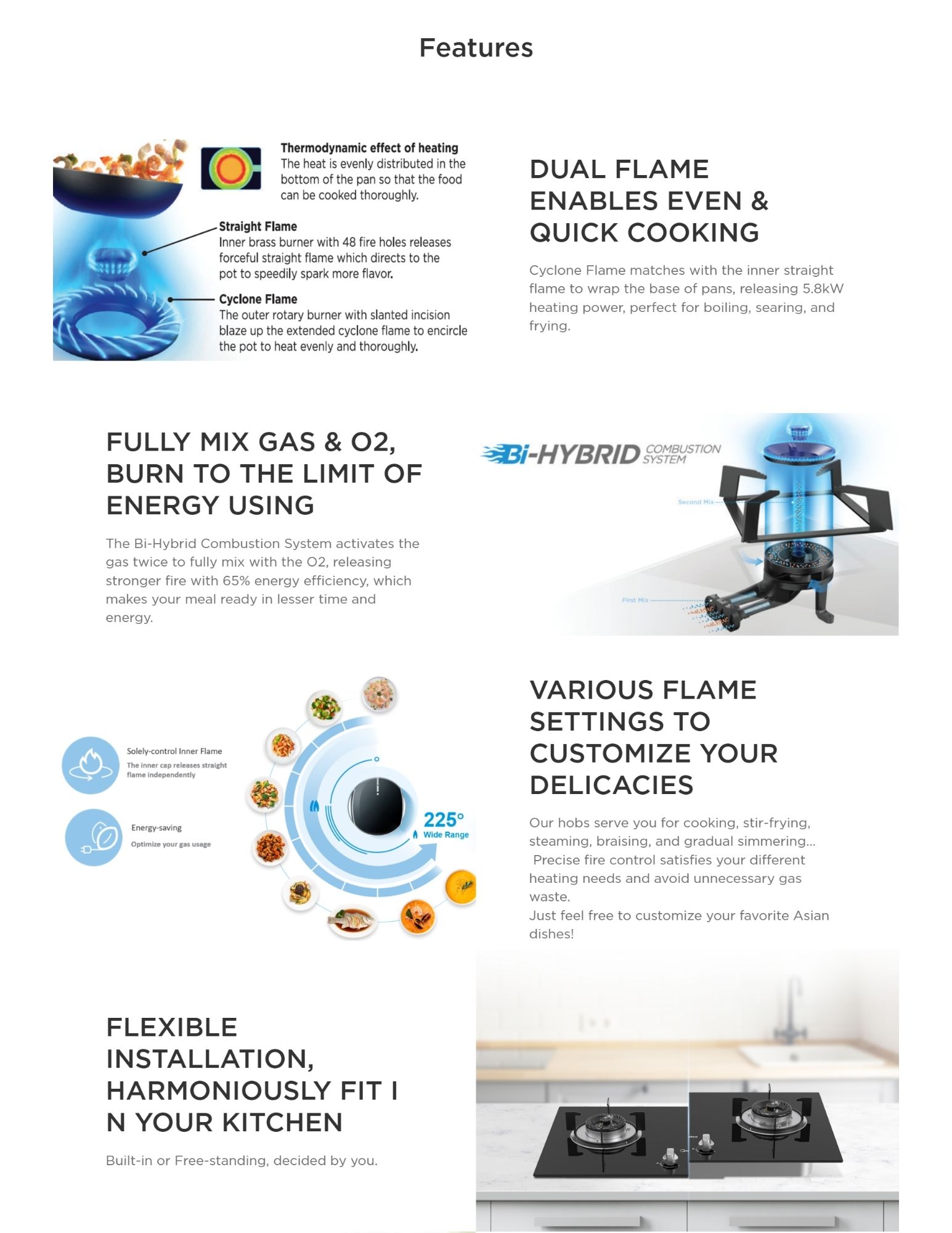 Features of Midea cooking hob with dual flame for even cooking, bi-hybrid combustion system for efficient gas usage, and various flame settings for customized cooking, along with flexible installation options.