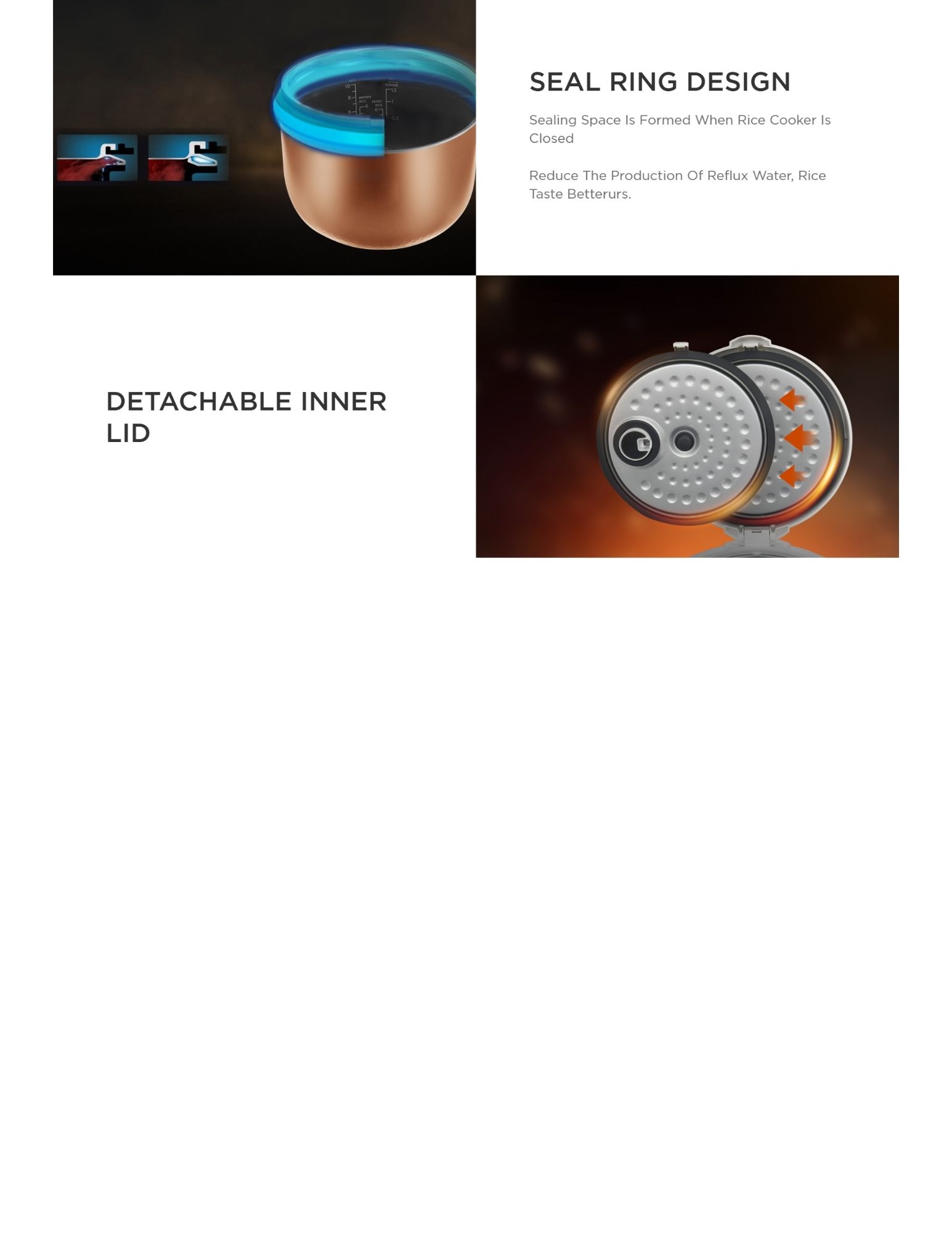 Rice cooker with seal ring, detachable lid for easy cleaning