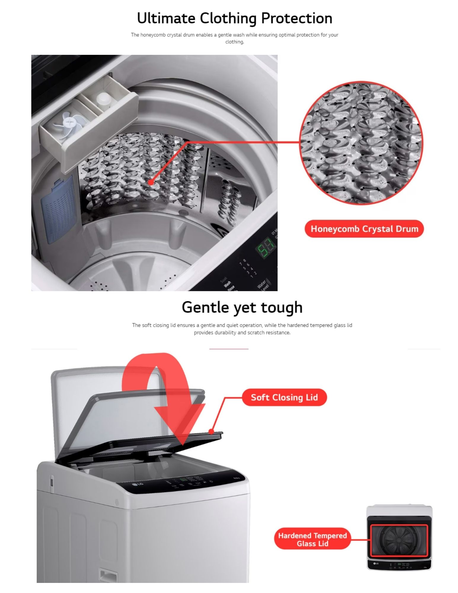 Close-up of the washing machine drum with a honeycomb crystal design that ensures gentle cleaning, soft closing lid for smooth operation, and a hardened tempered glass lid for durability and scratch resistance.
