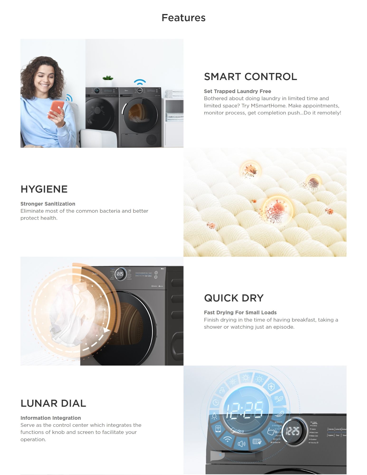 Features of a washing machine: Smart Control for remote operation, Hygiene for stronger sanitization, Quick Dry for fast drying of small loads, and Lunar Dial for information integration and easy operation.