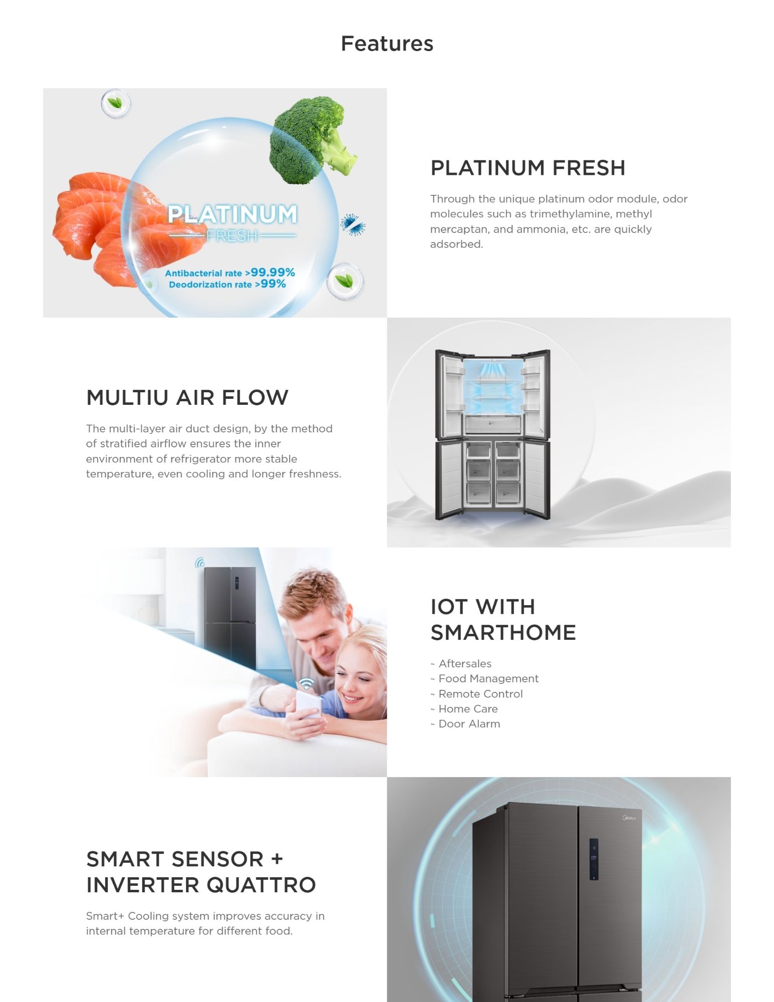 Refrigerator features: Platinum Fresh for odor elimination and enhanced freshness, Multi Air Flow for stable temperature and longer freshness, IoT with SmartHome for convenience, and Smart Sensor + Inverter Quattro for accurate internal temperature management for different foods.