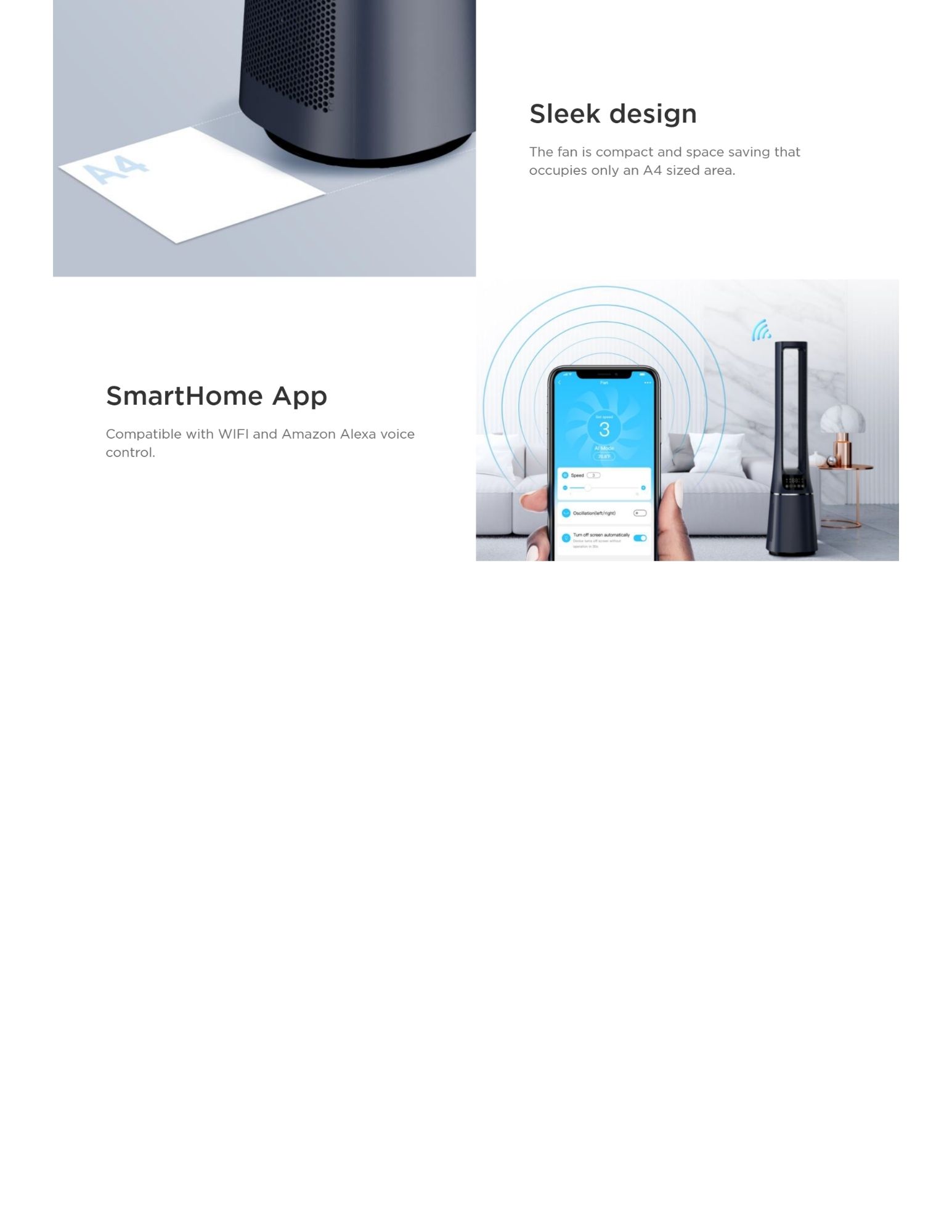 Compact bladeless fan, A4 size with Smart App & Alexa
