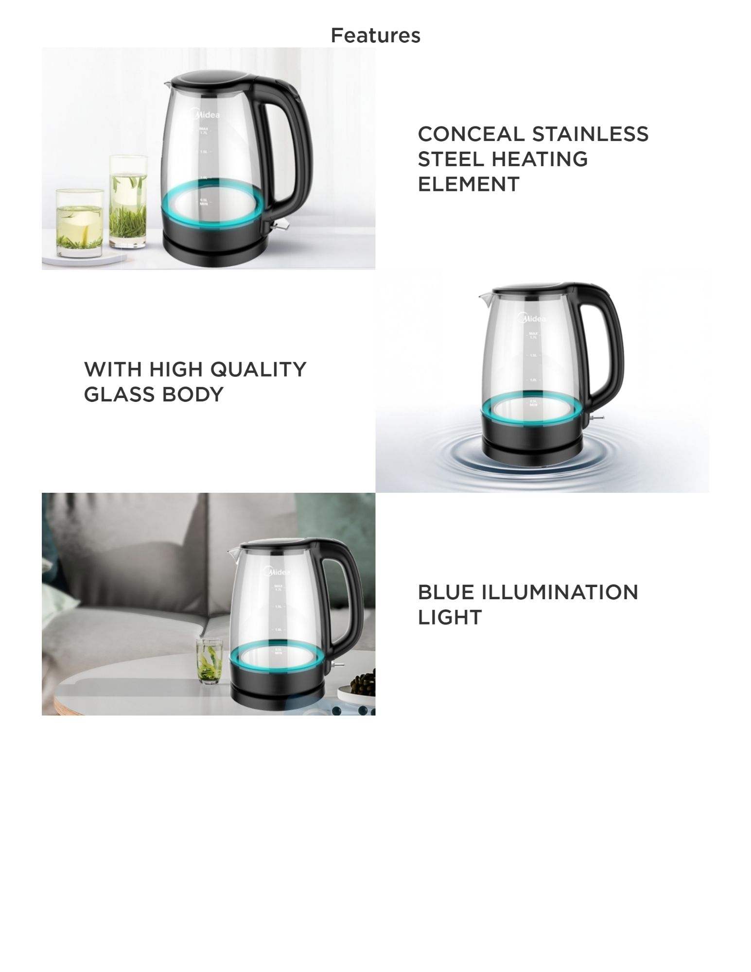 Glass electric kettle with concealed stainless steel heating element, high-quality glass body, and blue illumination light during boiling.