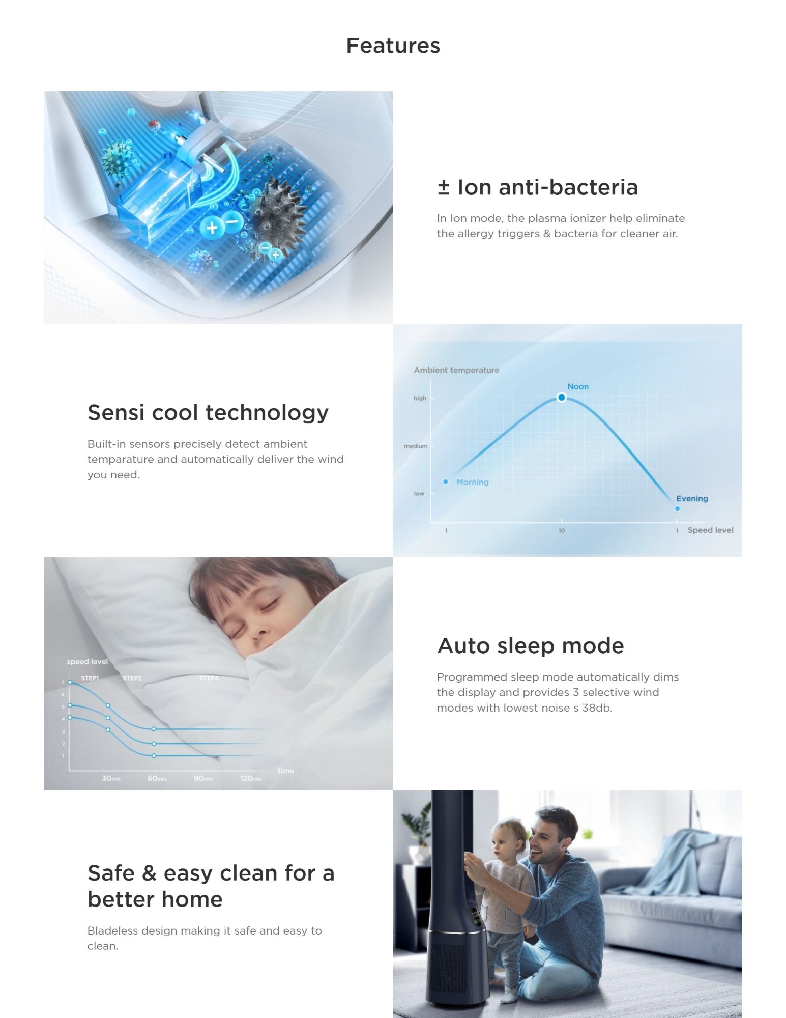 Bladeless fan with ion care, Sensi cool & quiet sleep mode