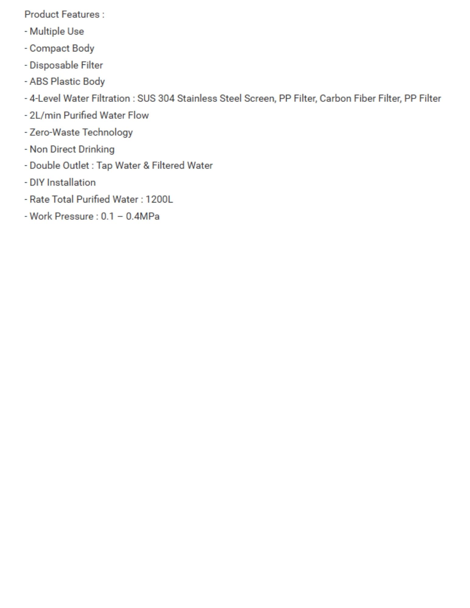 2L/min water purifier with disposable filter, 1200L capacity