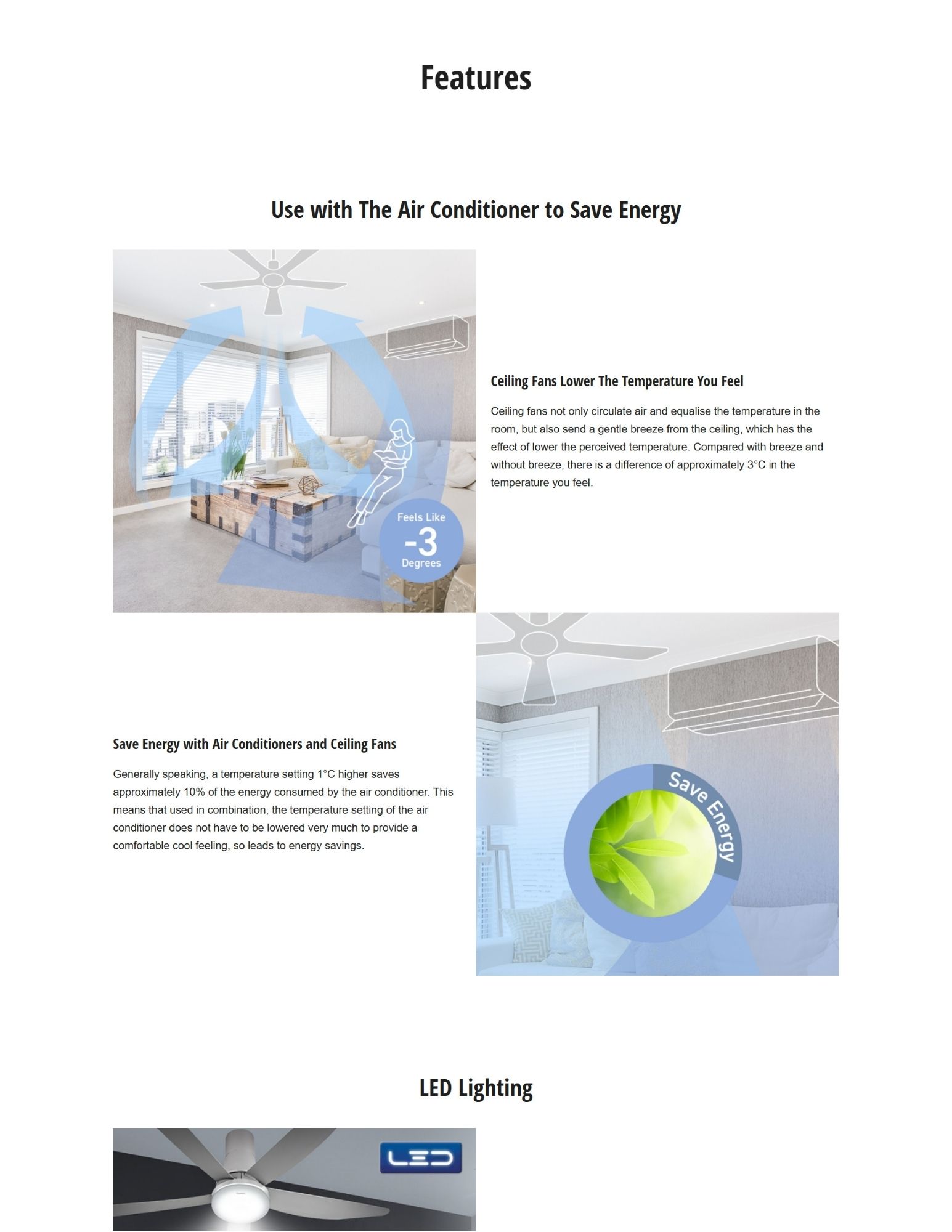 Ceiling fan with AC lowers perceived temperature to save energy