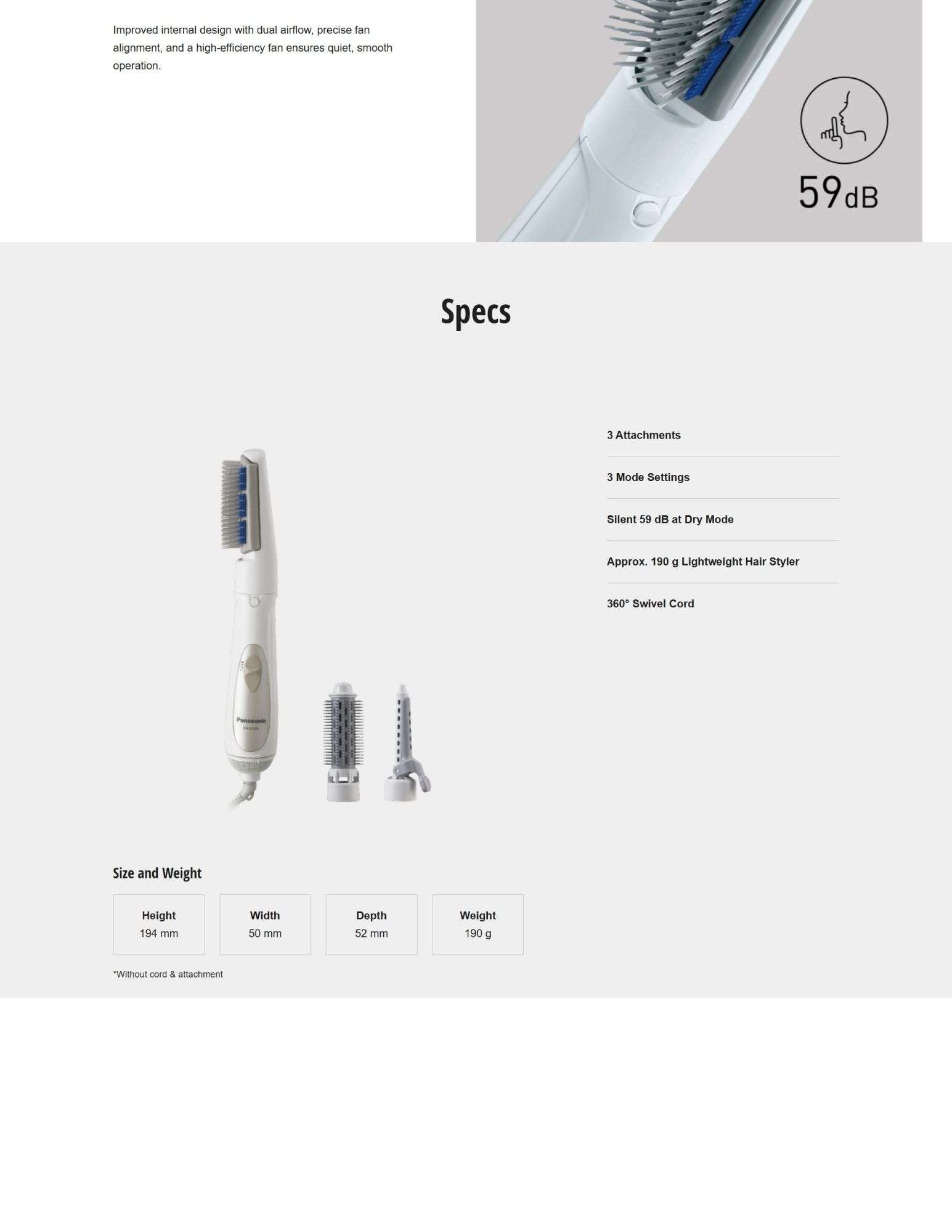 Hair styler with 59dB operation, 3 attachments, and quick heat-up.