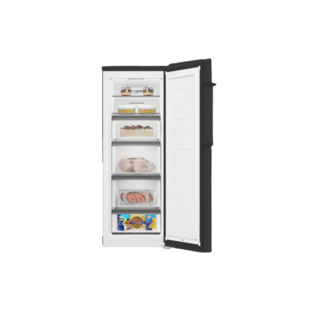 Haier 250L upright freezer with open door and organised frozen food storage