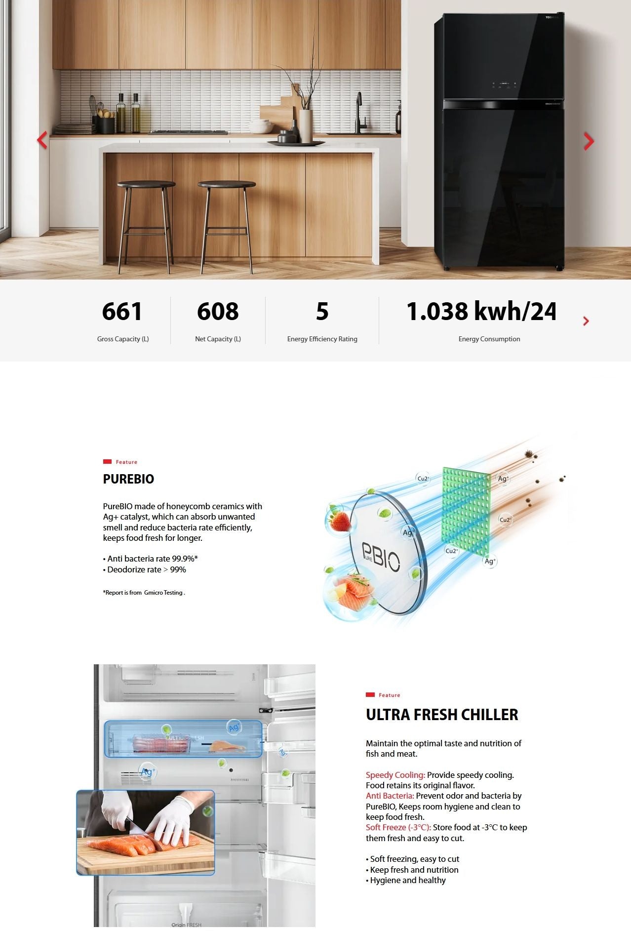 Ultra fresh chiller drawer maintaining fish and meat freshness at -3°C