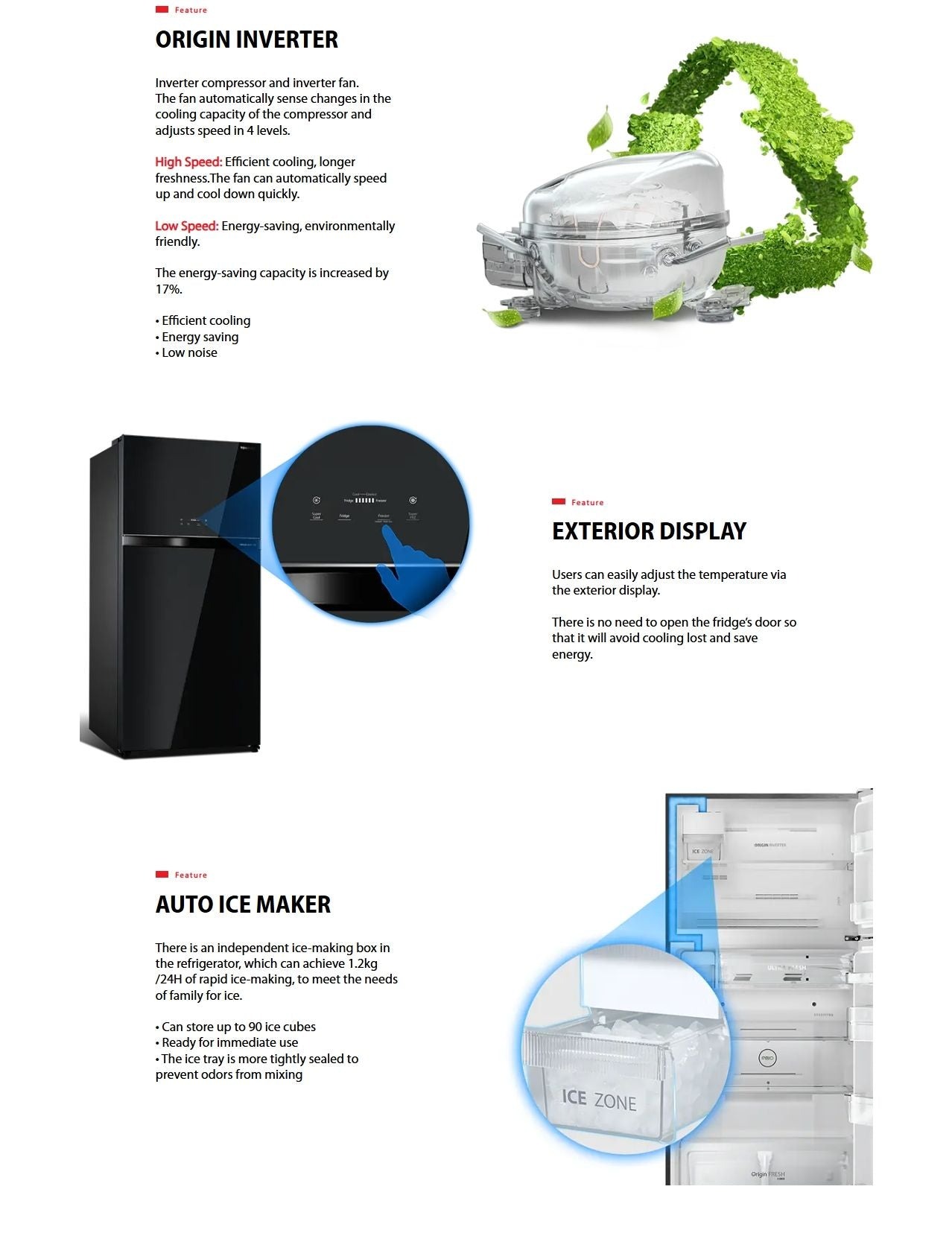 Modern kitchen setting with large black glass Toshiba refrigerator