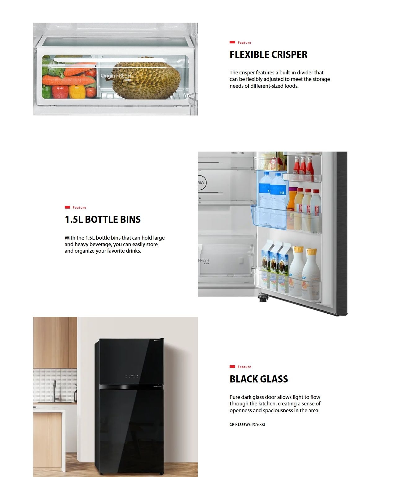 Toshiba black glass fridge interior showing PureBIO and ultra fresh chiller