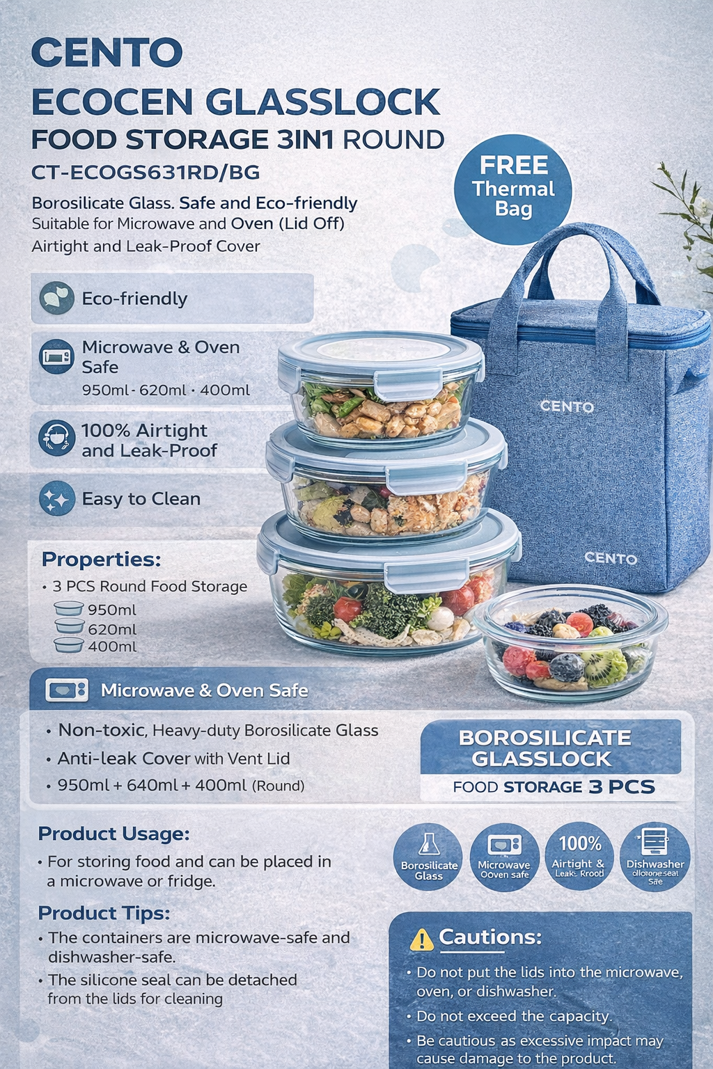 Cento Ecocen Glasslock 3-piece round food storage set with bag