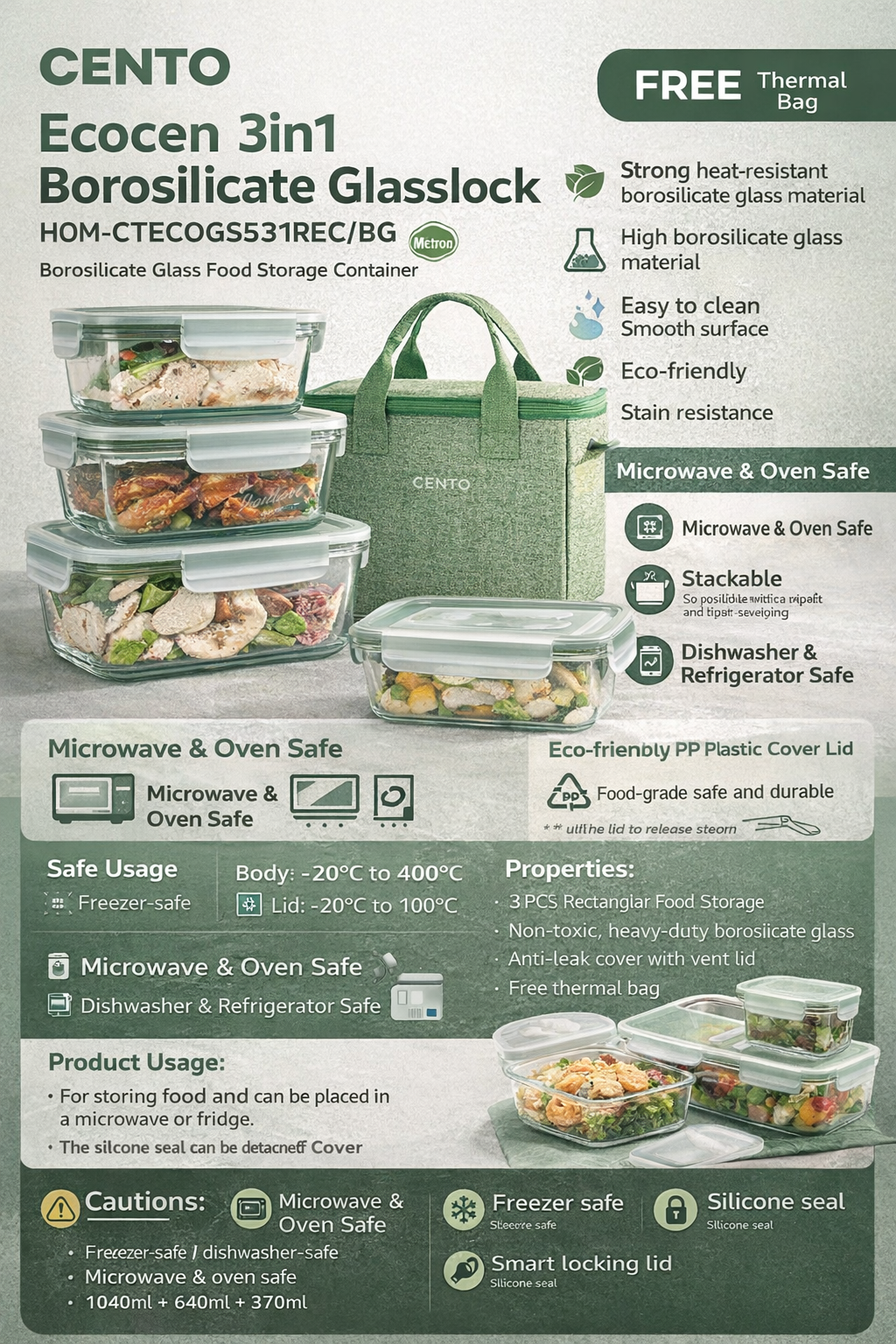 Cento Ecocen 3-in-1 borosilicate glass food containers set