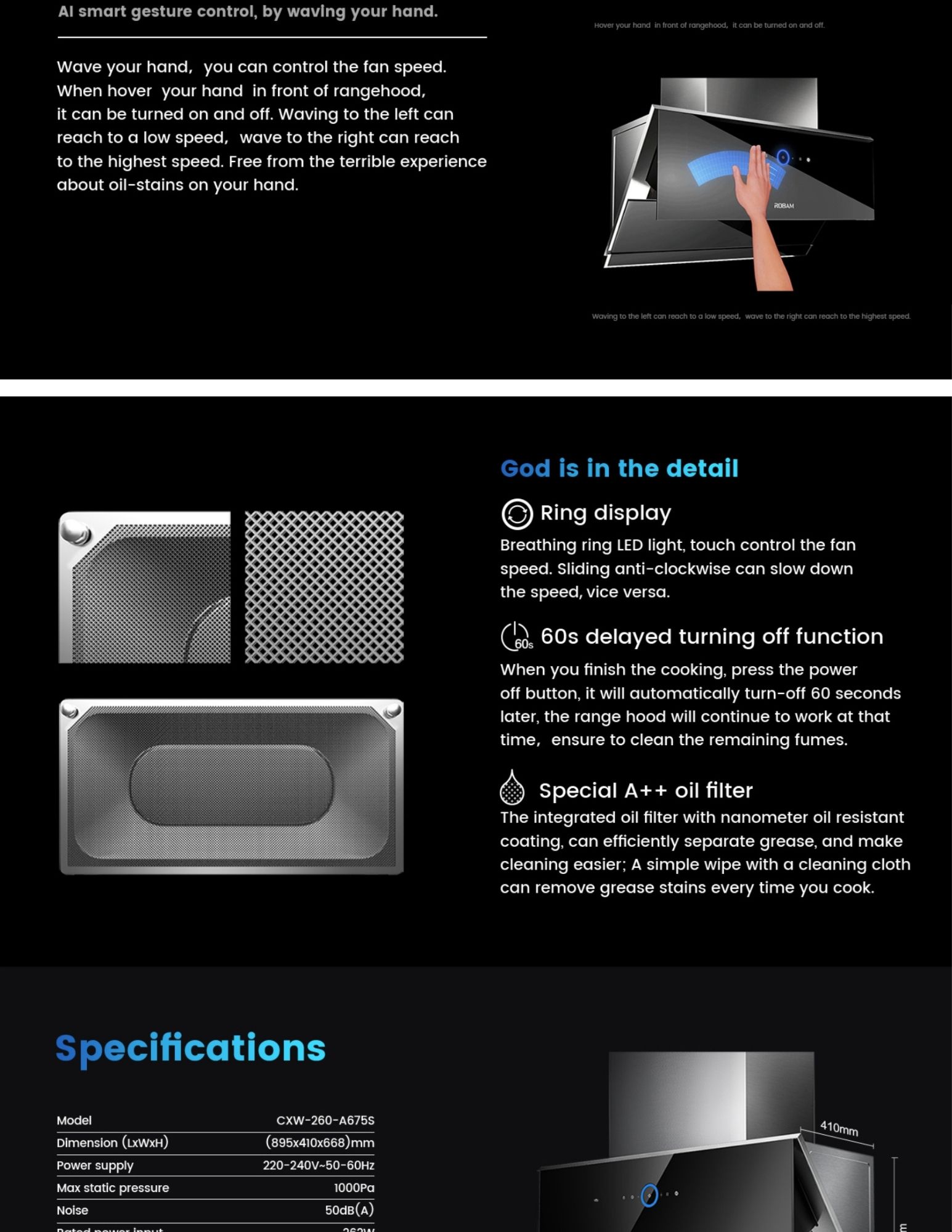 Gesture control range hood for touch-free operation
