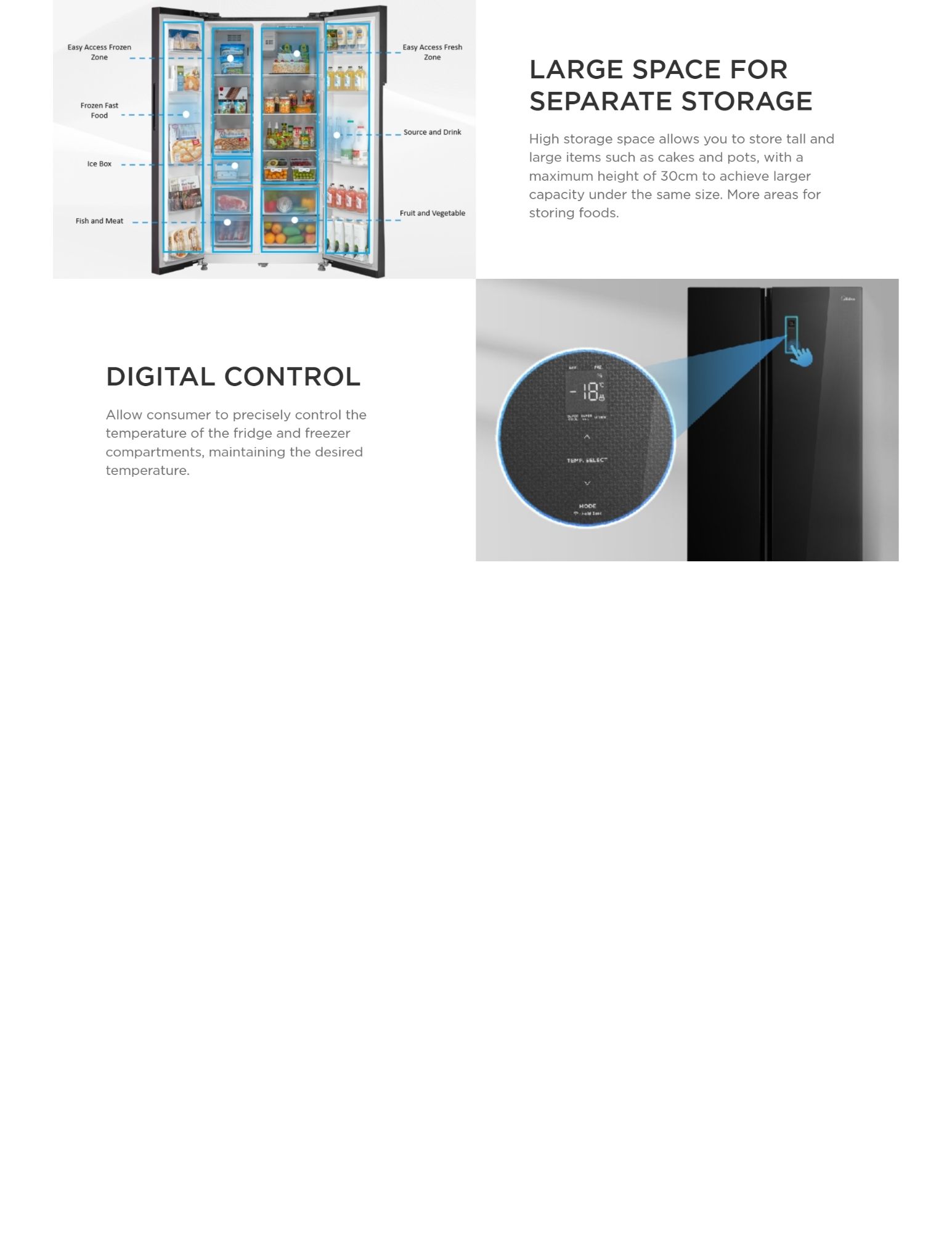 Large fridge storage layout with digital temperature control