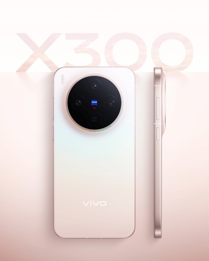 vivo X300 5G smartphone in soft pink with ZEISS camera.
