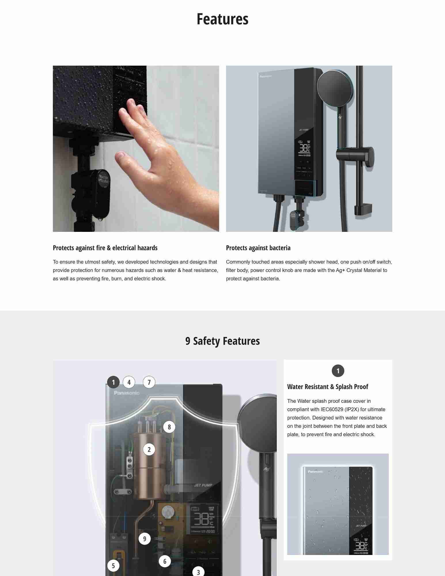 Shower system with flowing water and control display.